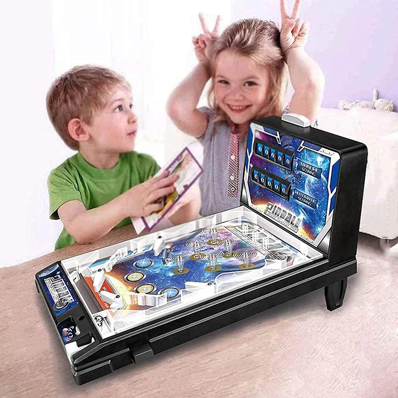 WXZX Space-Themed Mini Pinball Machine with LED Lights & Sound - Retro Arcade Game for Kids & Adults - Fun Parent-Child Interactive Toy with Score Counter - Perfect Birthday Gift for Parties & Game Nights