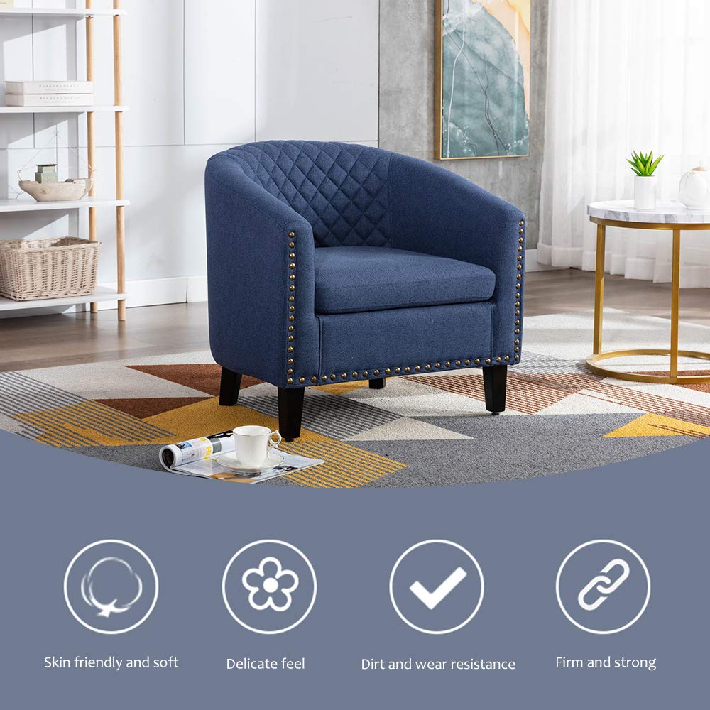 SSLine Classic Upholstered Accent Armchair - Soft Linen Fabric Barrel Club Chair with Solid Wood Legs & Nailhead Trim - Navy Blue Living Room Sofa, Office Guest Chair, Bedroom Seating - Comfortable Single Seater for Home Decor