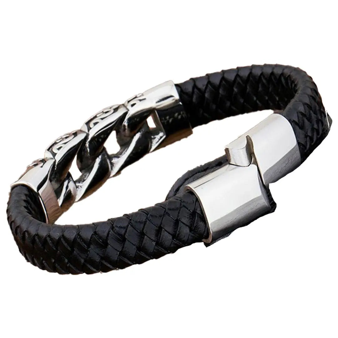 GoSteel Men's Cuban Link Bracelet - Stainless Steel & Genuine Leather Wristband for Men - Perfect for Casual Wear, Date Nights & Gifts