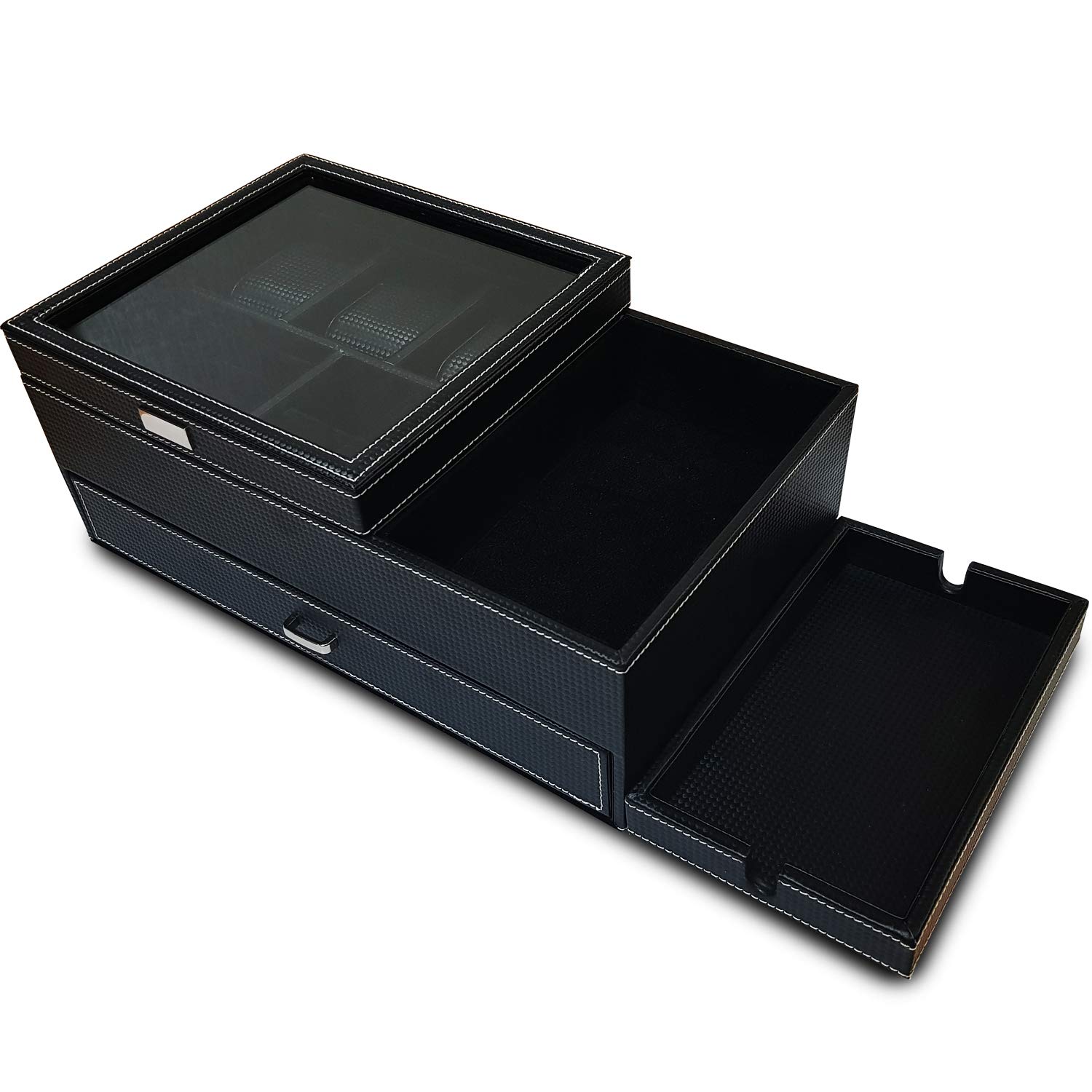 Men's Dresser Valet Organizer - PU Leather Jewelry Box with Charging Station for Watches & Accessories - Carbon Fiber Nightstand Tray for Bedroom