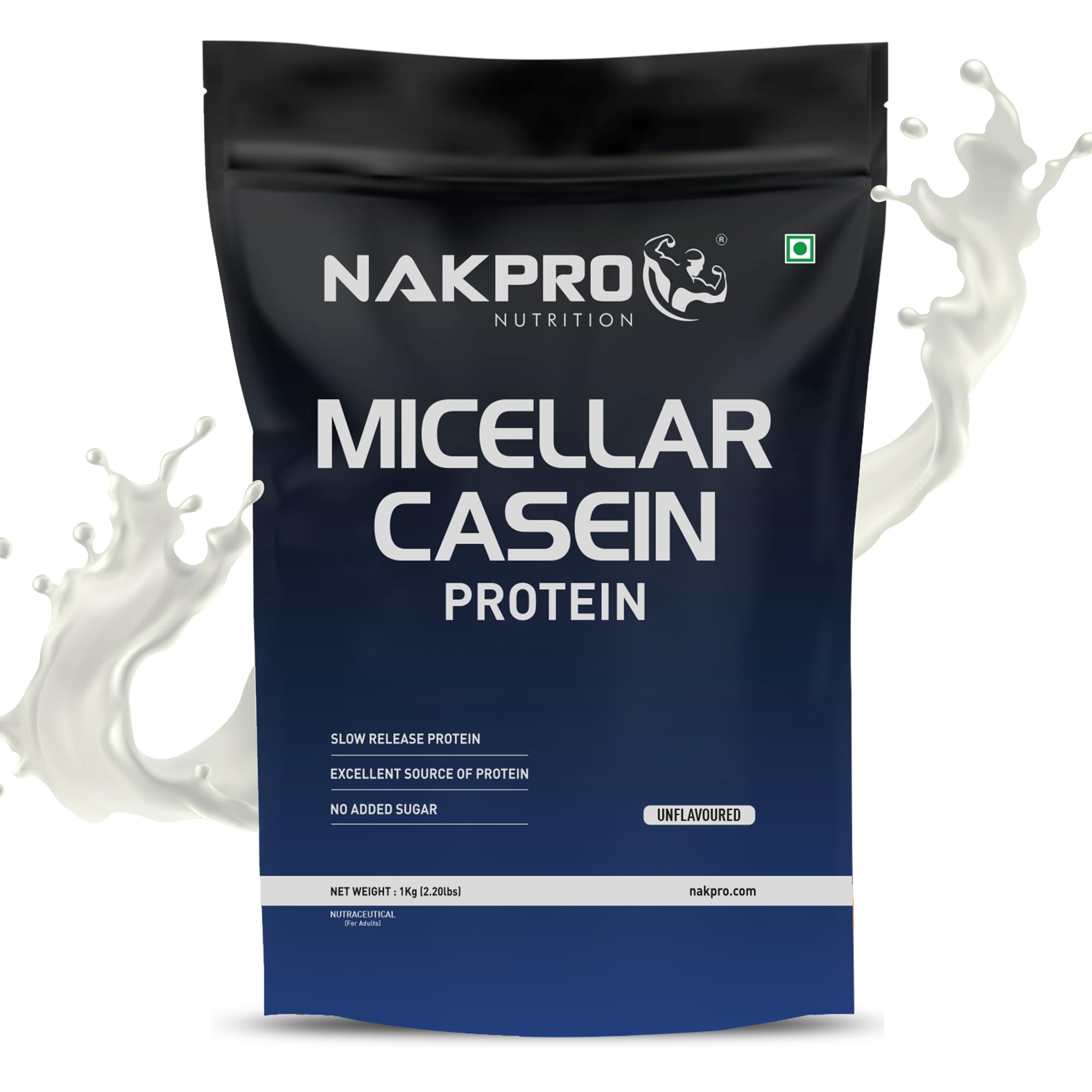 NAKPRO 100% Micellar Casein Protein Powder - Unflavored 1kg | 28.8g Protein, 12.1g EAAs, 5.48g BCAAs | Slow Digesting Protein Supplement for Muscle Recovery & Overnight Nutrition | Ideal for Post-Workout, Bedtime & Weight Management
