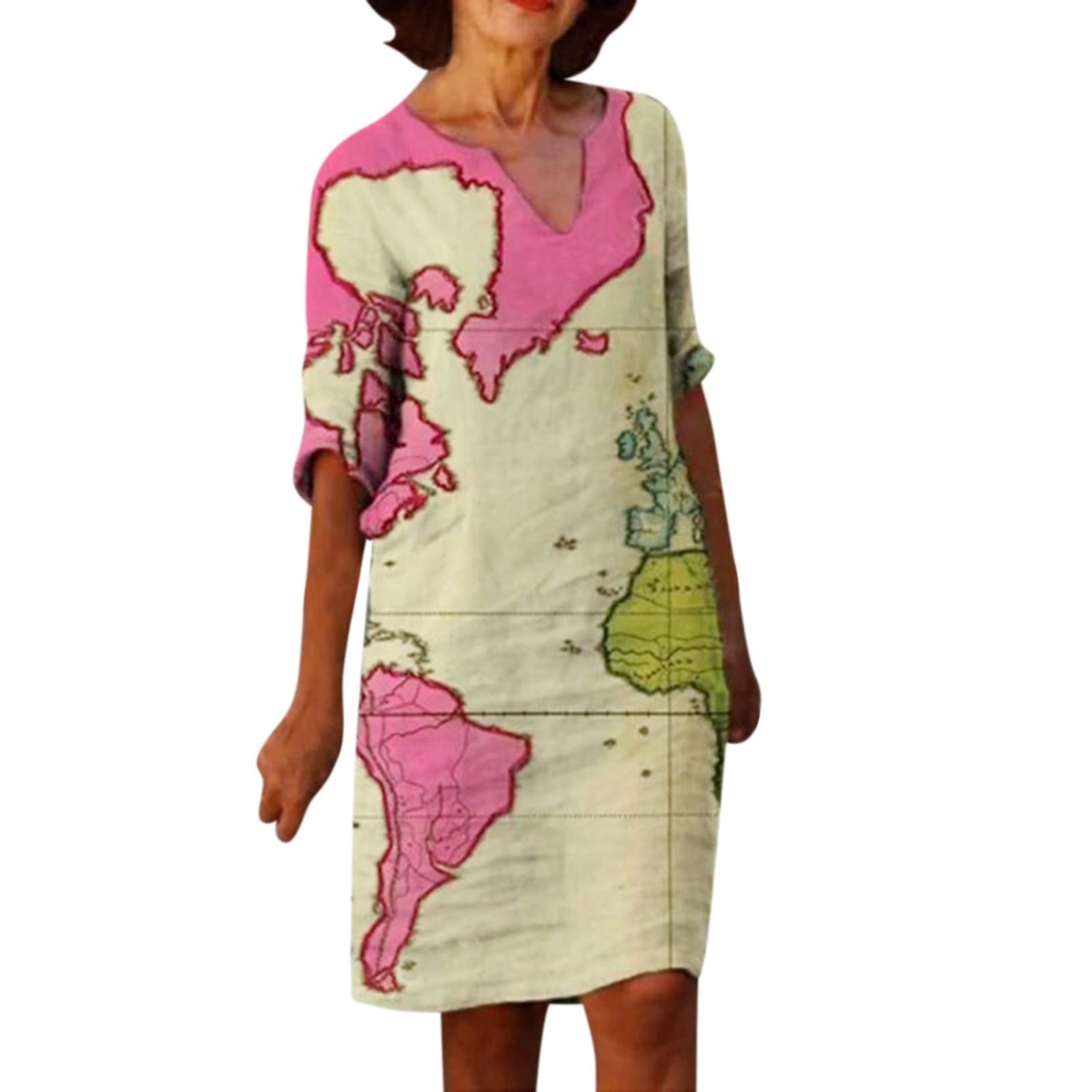 WANYNG Women's Casual Fashion Dress - Map Print Half Sleeve Retro Elegant V-Neck Pullover for Graduation, Party & Summer Outfits