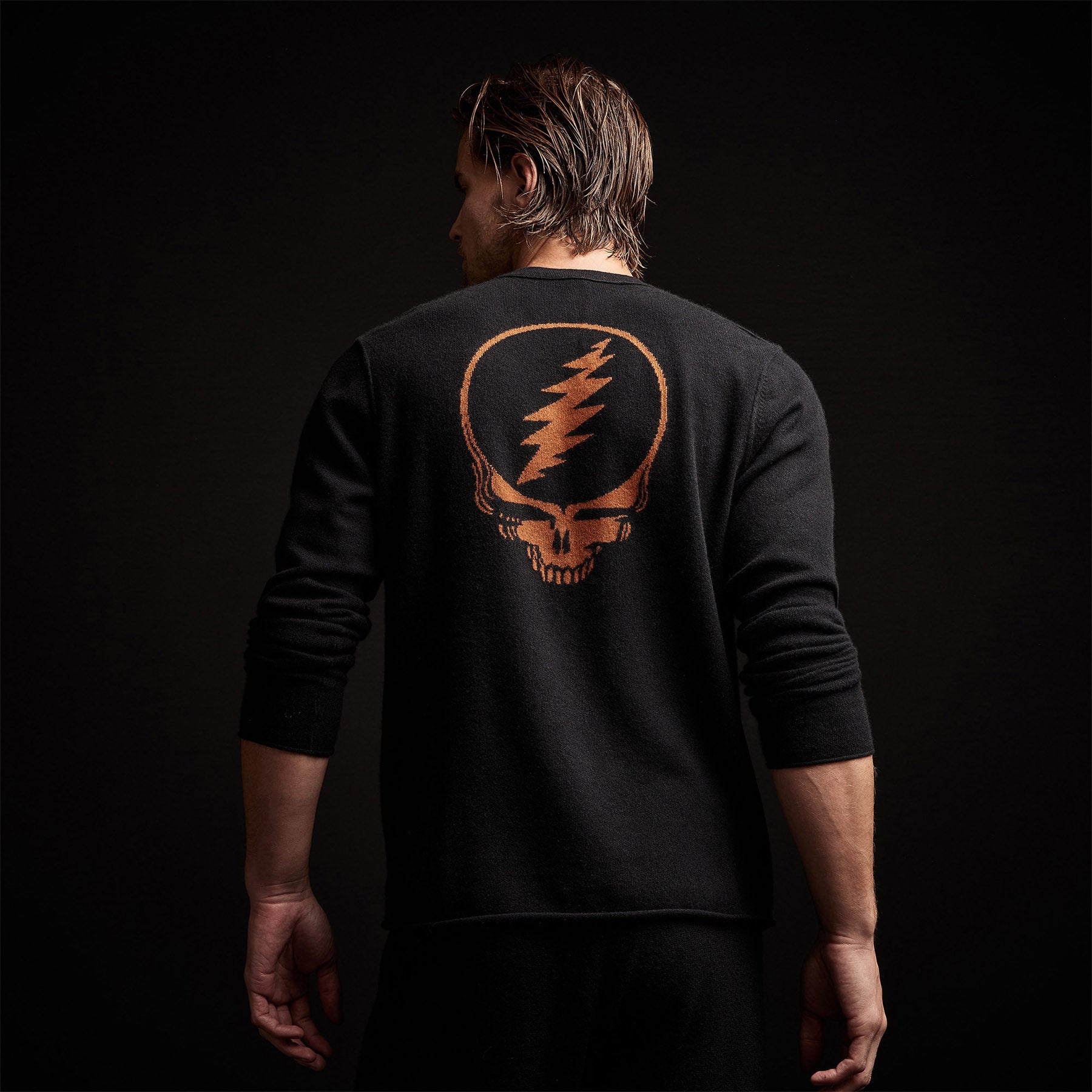 Grateful Dead Men's Cashmere Sweater & Trucker Hat Set - Black/Burnt Orange | Vintage Band Merch | Perfect for Concerts & Casual Wear
