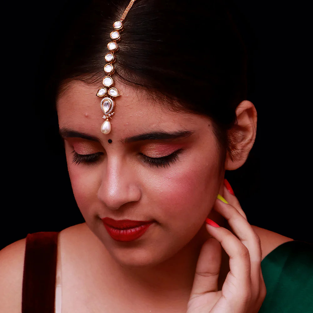 Exquisite Designer Gold Plated Royal Kundan Maang Tikka Headpiece (D62) | Indian Bridal Jewelry for Weddings & Special Occasions