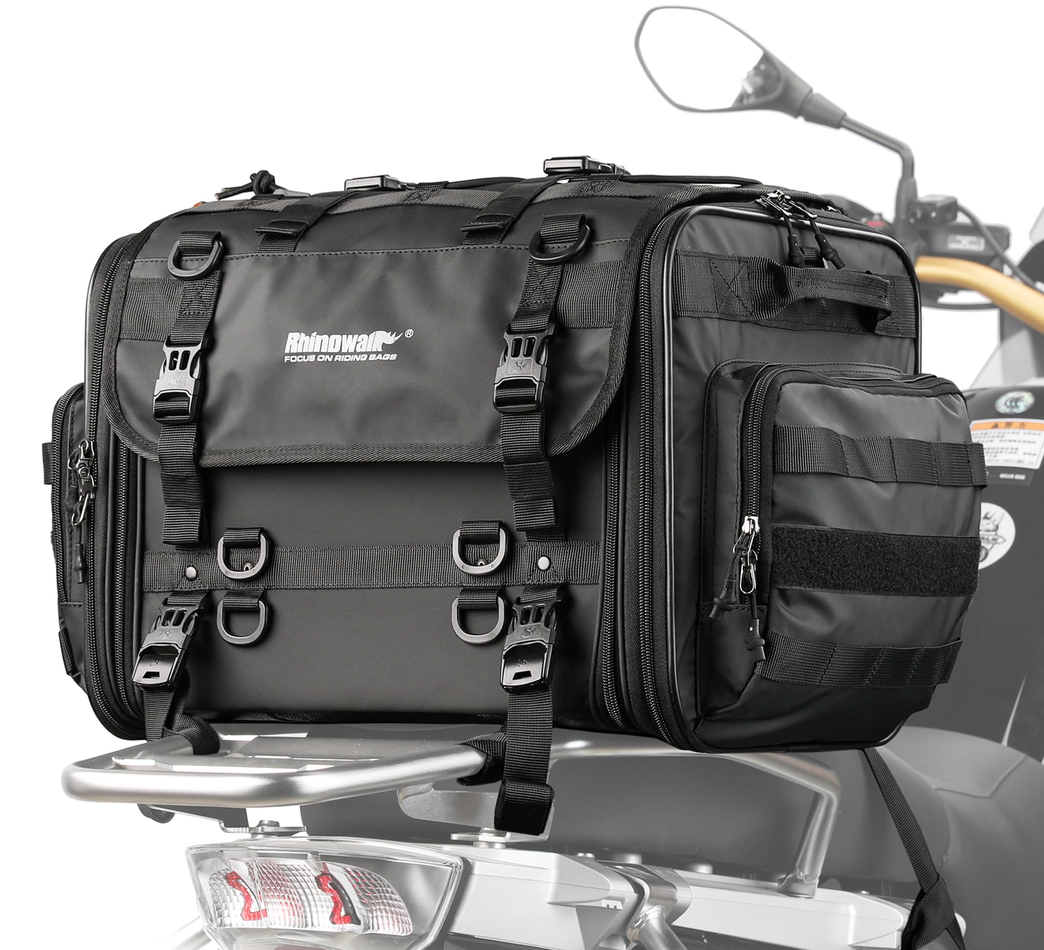 Rhinowalk 60L Expandable Waterproof Motorcycle Tail Bag - All-Weather Travel Luggage with Sissy Bar Straps & Helmet Rain Cover - Black | Perfect for Long-Distance Rides, Commuting & Adventure Touring