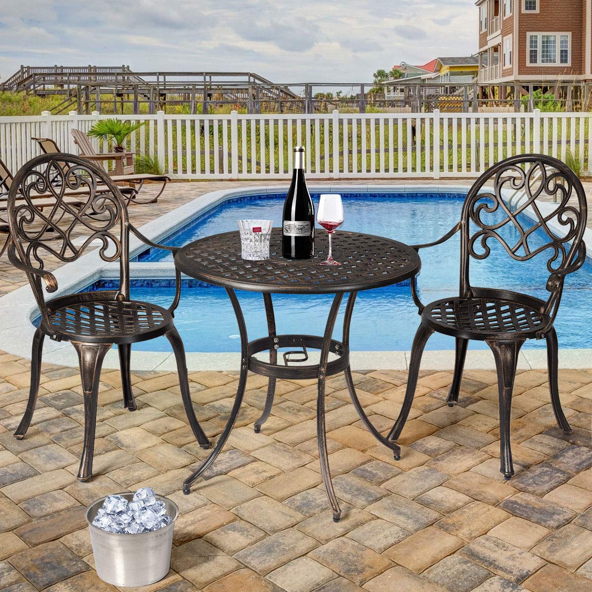 Giantex 3-Piece Outdoor Bistro Set - Cast Aluminum Round Patio Table with Removable Ice Bucket & 2 Chairs - Antique Bronze Weather-Resistant Garden Furniture for Backyard, Poolside & Balcony Relaxation