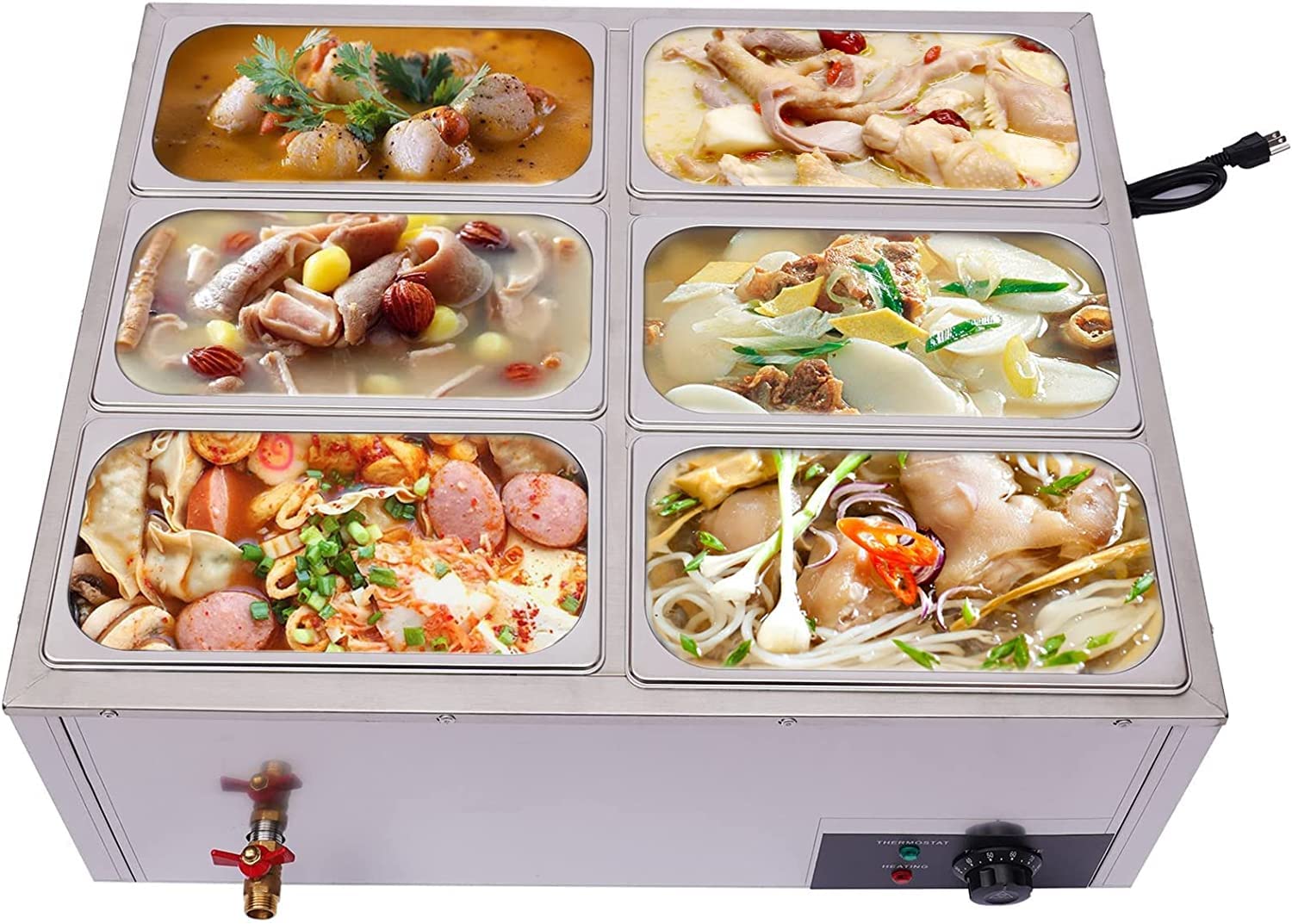 6-Pan Commercial Food Warmer - 110V Buffet Warming Tray with 850W Stainless Steel Countertop Electric Steamer | 30-85℃ Adjustable Temperature | Perfect for Restaurants, Catering, Parties & Buffets | Keep Food Warm for Events, Banquets & Home Entertaining