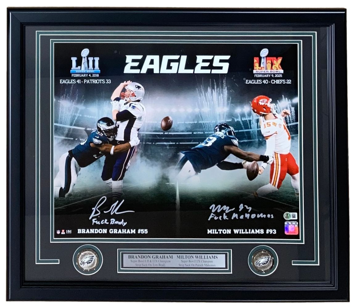 Graham Williams Signed Framed 16x20 Eagles Strip Sack Photo of Tom Brady & Patrick Mahomes - Authentic NFL Collectible for Sports Memorabilia Display