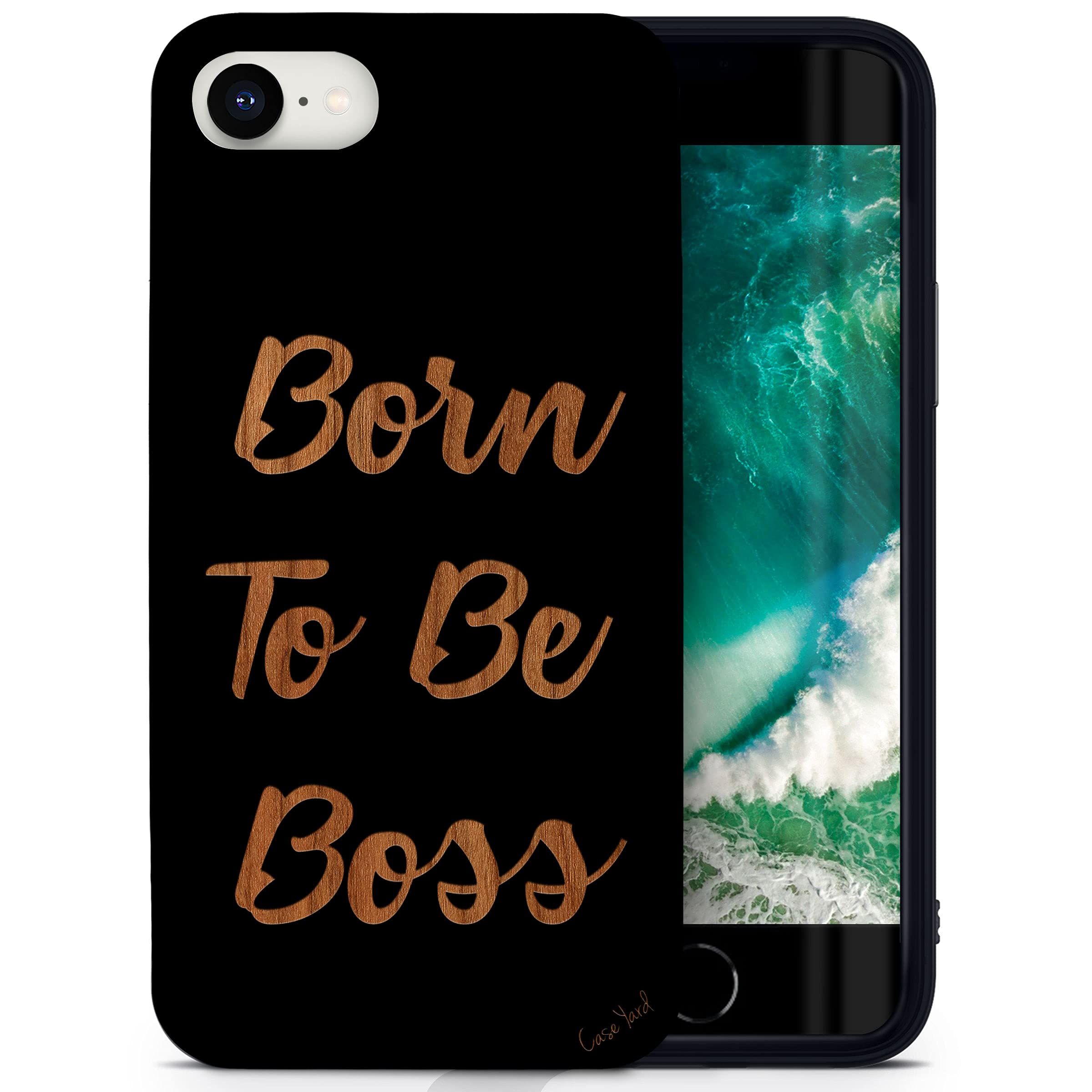 CaseYard Wood Phone Case for iPhone SE - Laser Engraved 'Born to Be Boss' Design, Black Wood Protective Shockproof Slim Fit Cover for Men & Women | Perfect for Business Professionals & Outdoor Enthusiasts