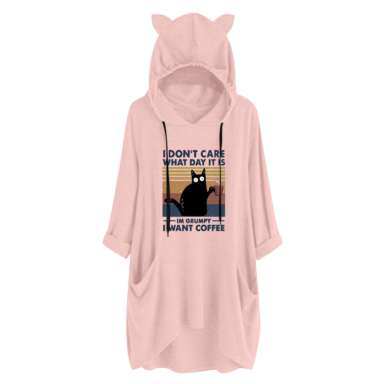 Women's Oversized Hooded Sweatshirt with Cat Ears & Drawstring Pockets - Cute Print Long Sleeve Pullover for Casual Wear, Loungewear & Street Style Fashion