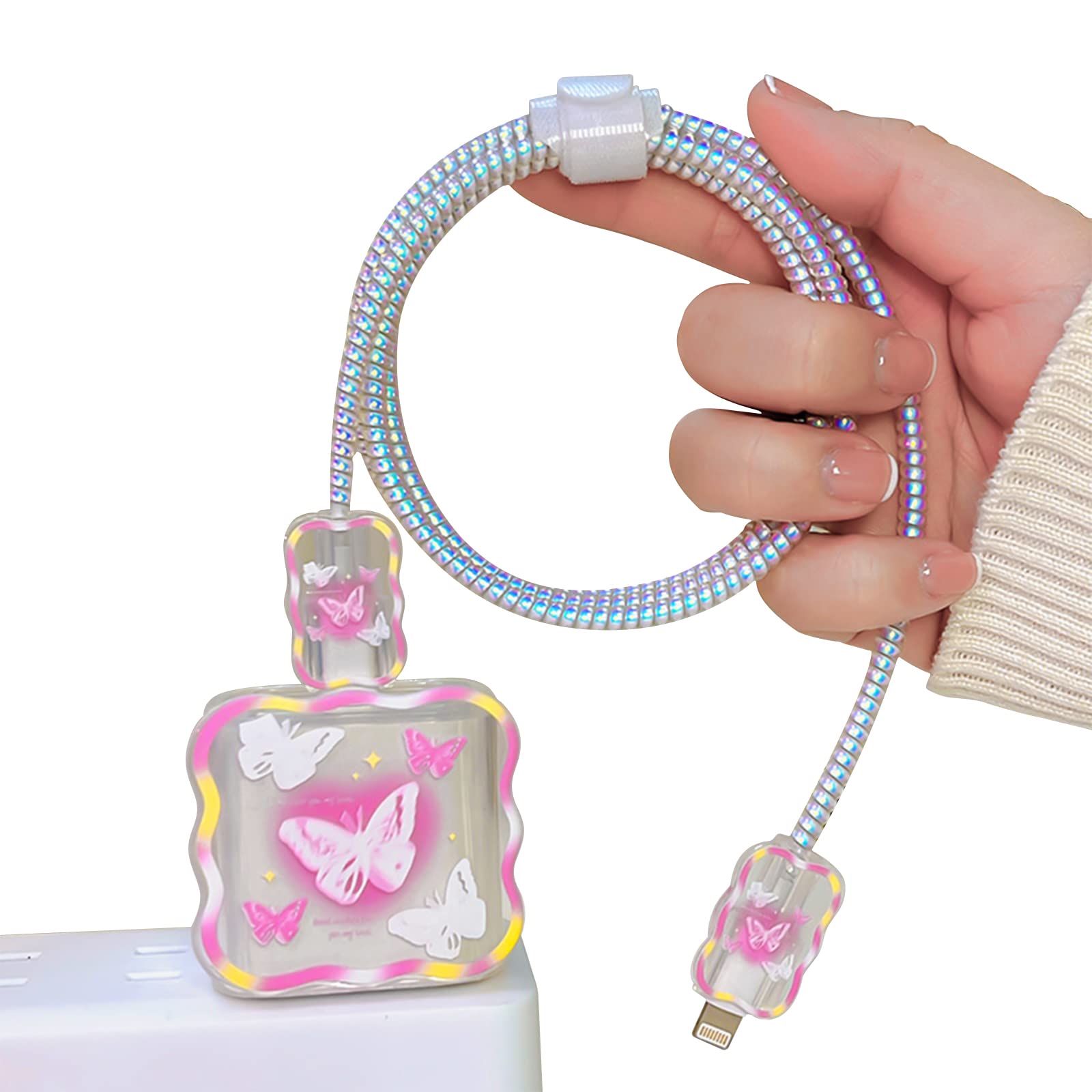 Pink Butterfly Cable Protector for iPhone Charger - Cute Waves Design USB Cord Saver Compatible with iPhone 11/12/13/14 Pro Max Plus - Perfect for Home, Office & Travel Use