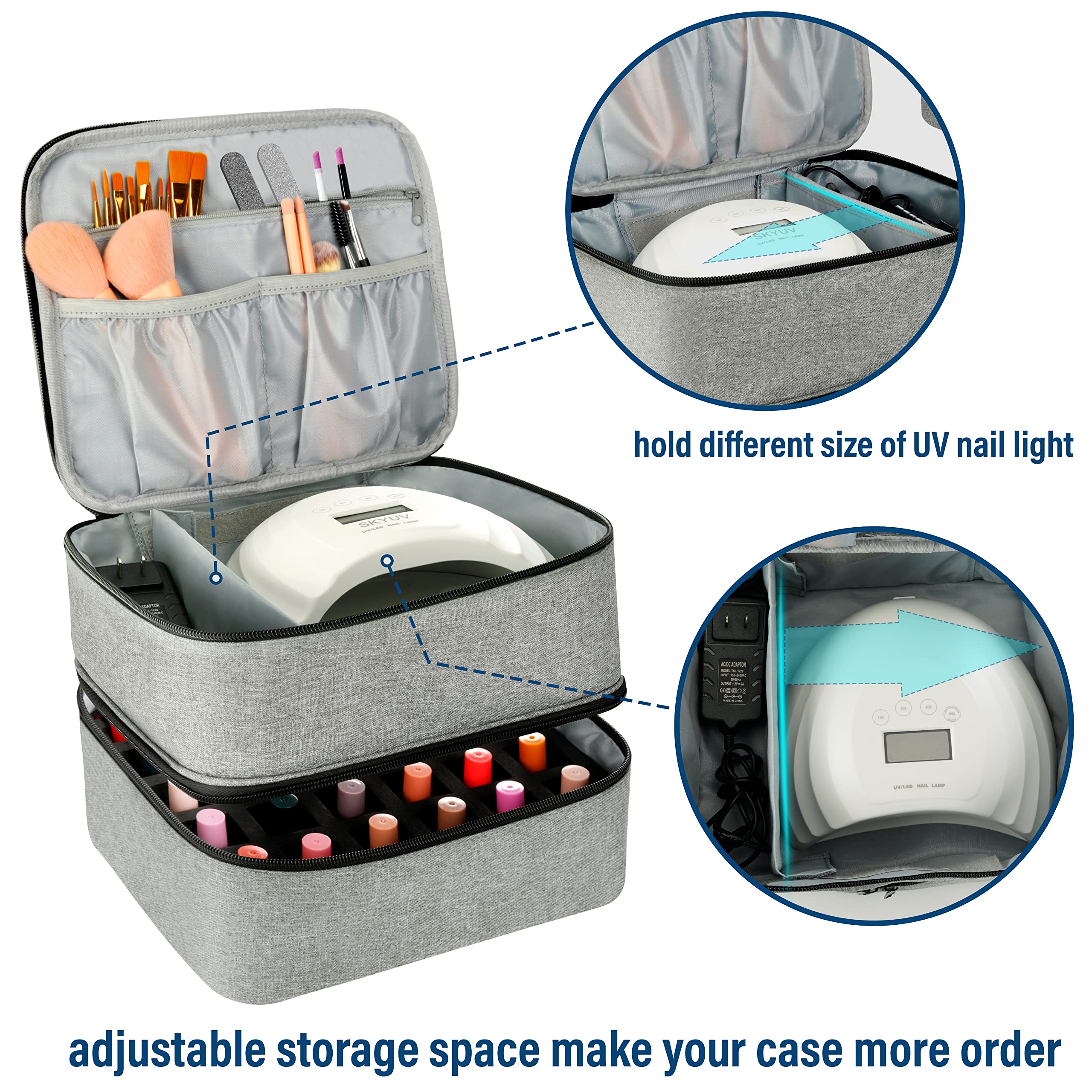 Double-Layer Nail Polish Organizer Bag - Holds 30 Bottles & Nail Lamp, Professional Nail Kit Storage Carrying Case (Gray) - Perfect for Salon Professionals & Home Manicures