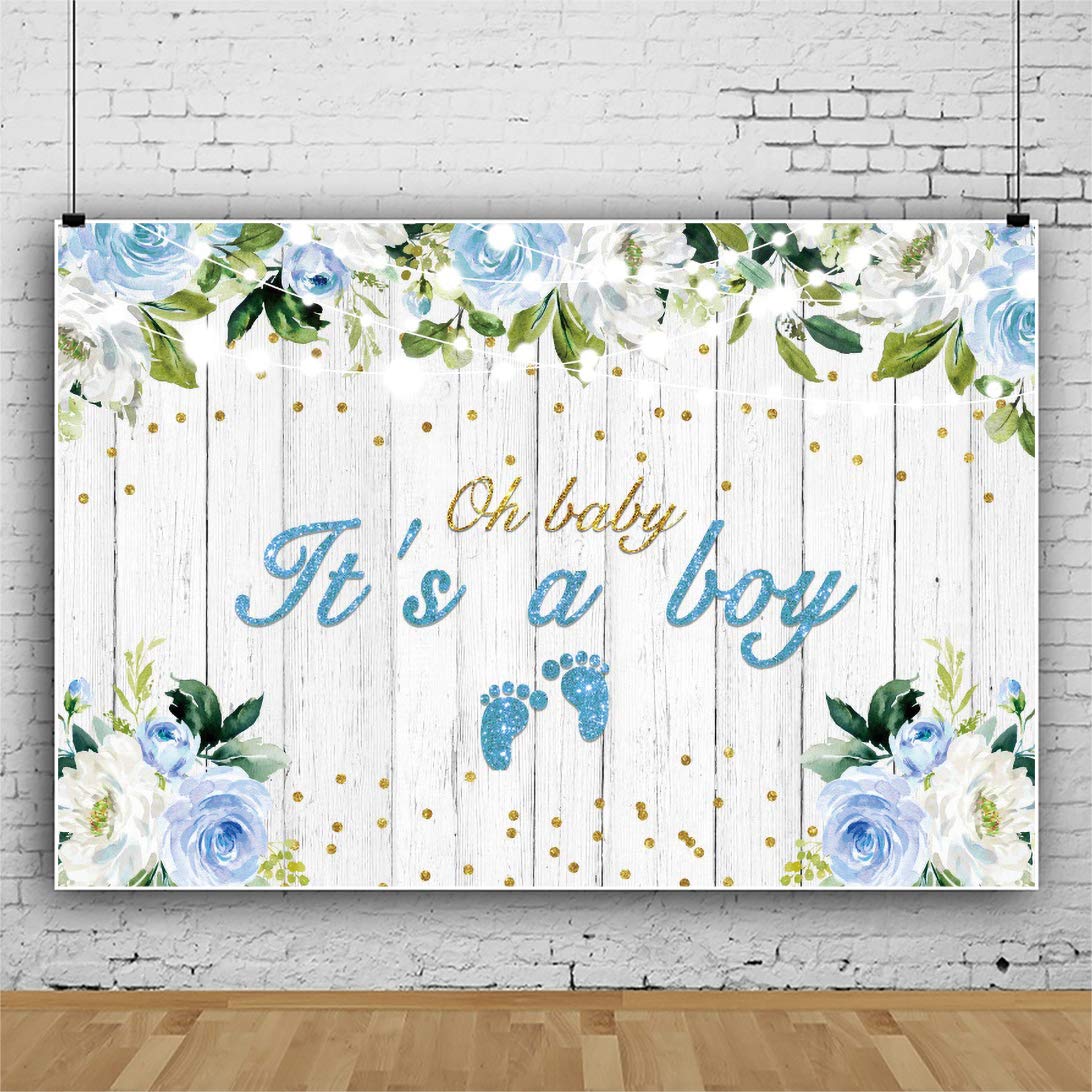 Yeele 7x5ft Baby Shower Backdrop - Blue & White Floral Woodland Theme with Footprints for Gender Reveal, Newborn Photo Shoot, Birthday Party Decorations | Perfect for Cake Smash Photos, Nursery Wall Decor & Boy's First Birthday Party