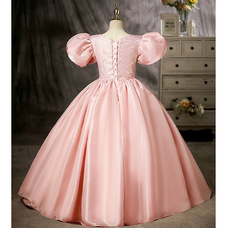 Pink Princess Scoop Floor-Length Satin Flower Girl Dress for Weddings, Pageants & Special Occasions