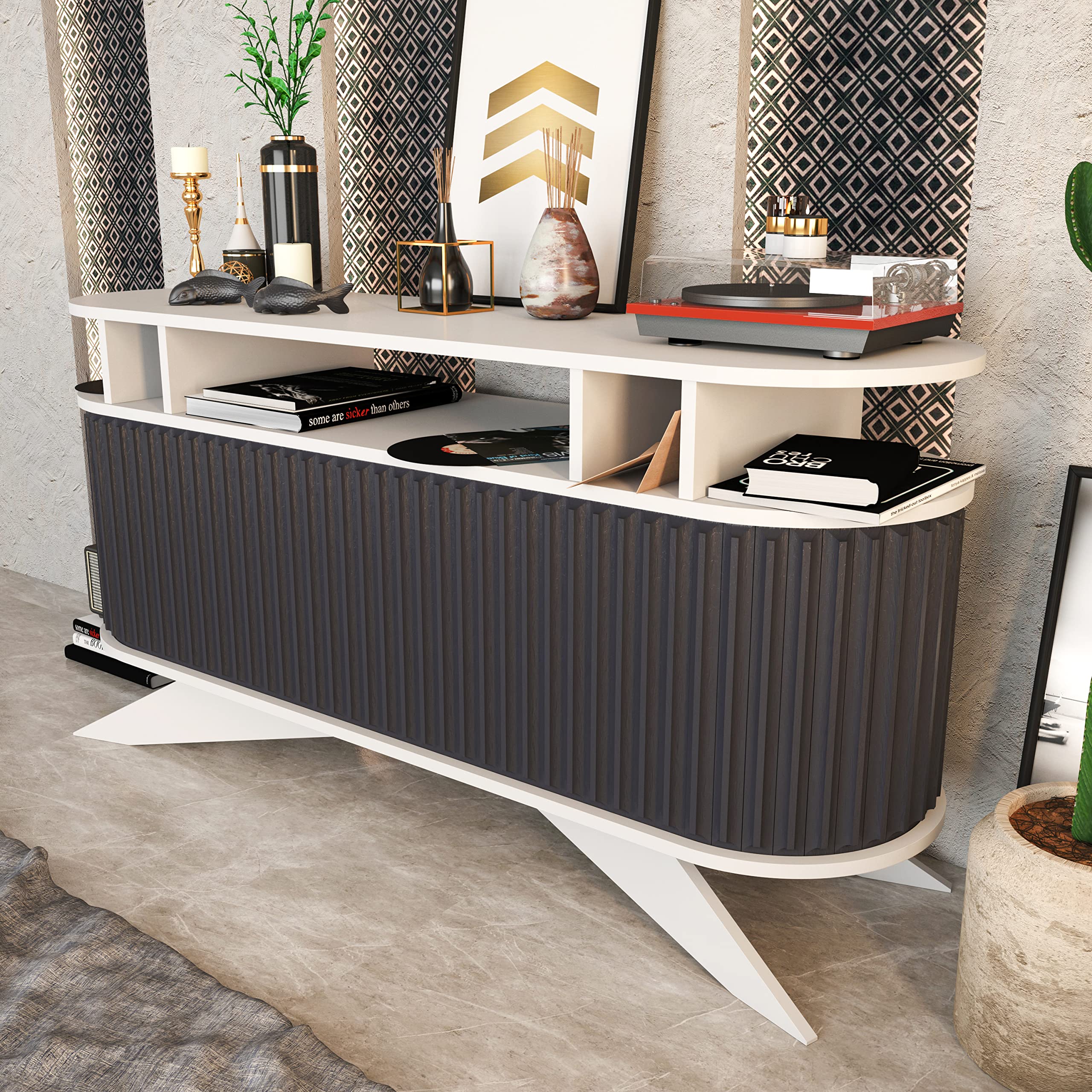 Modern Grey 59-inch TV Stand Media Console with Sliding Doors - Sturdy Entertainment Center for Living Room, Bedroom & Home Theater Setup