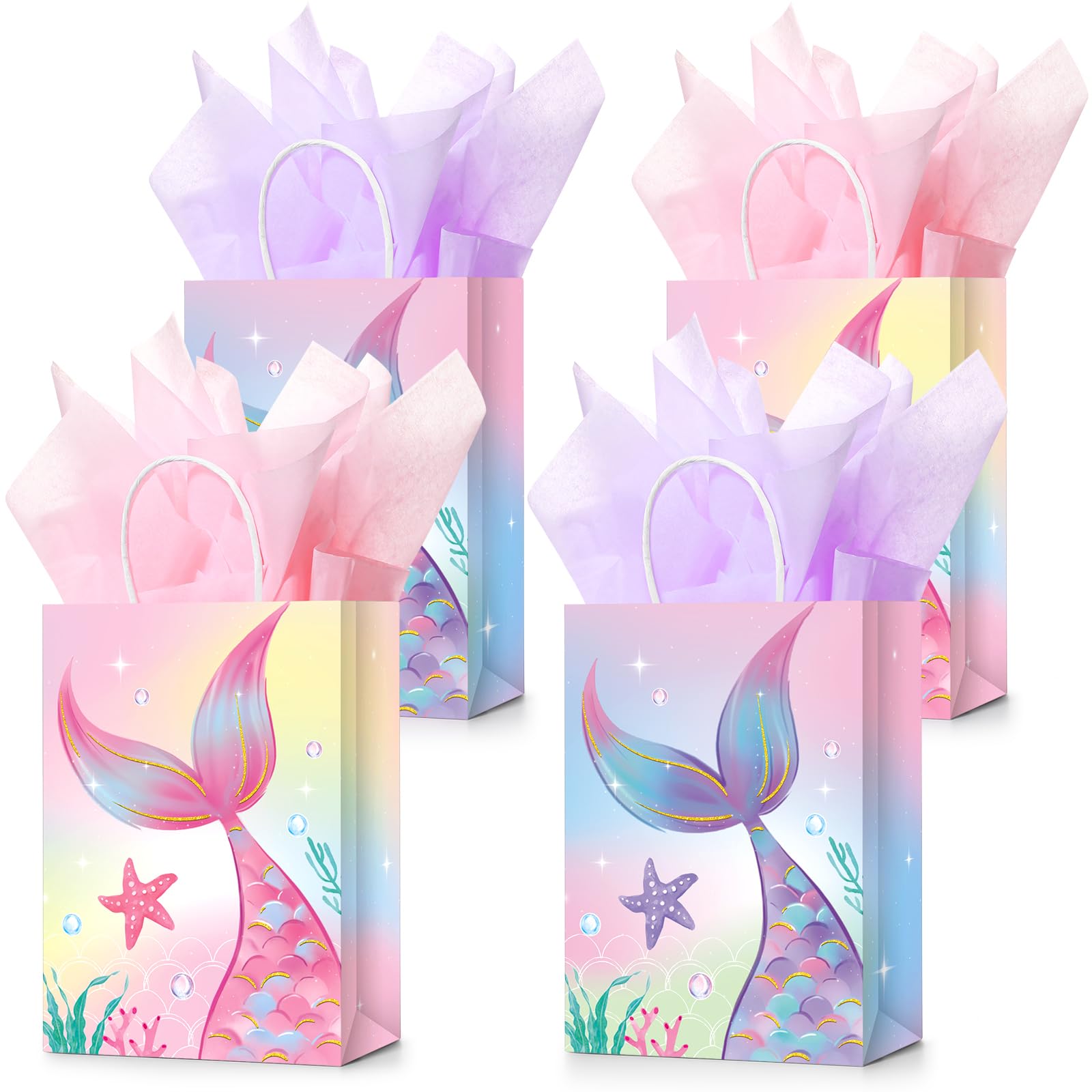 16 Pcs Mermaid Birthday Gift Bags with Tissue Paper - Mermaid Theme Party Favors, Goodie Bags for Candy & Treats - Perfect for Mermaid Themed Birthday Parties, Baby Showers & Ocean Decorations