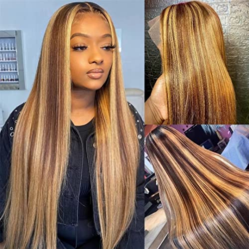 MSGEM 4/27 Highlight 13x6 HD Lace Front Wig - 180% Density 28 Inch Ombre Human Hair Wig with Pre-Plucked Hairline & Baby Hair for Black Women - Perfect for Daily Wear, Parties, Weddings & Special Occasions