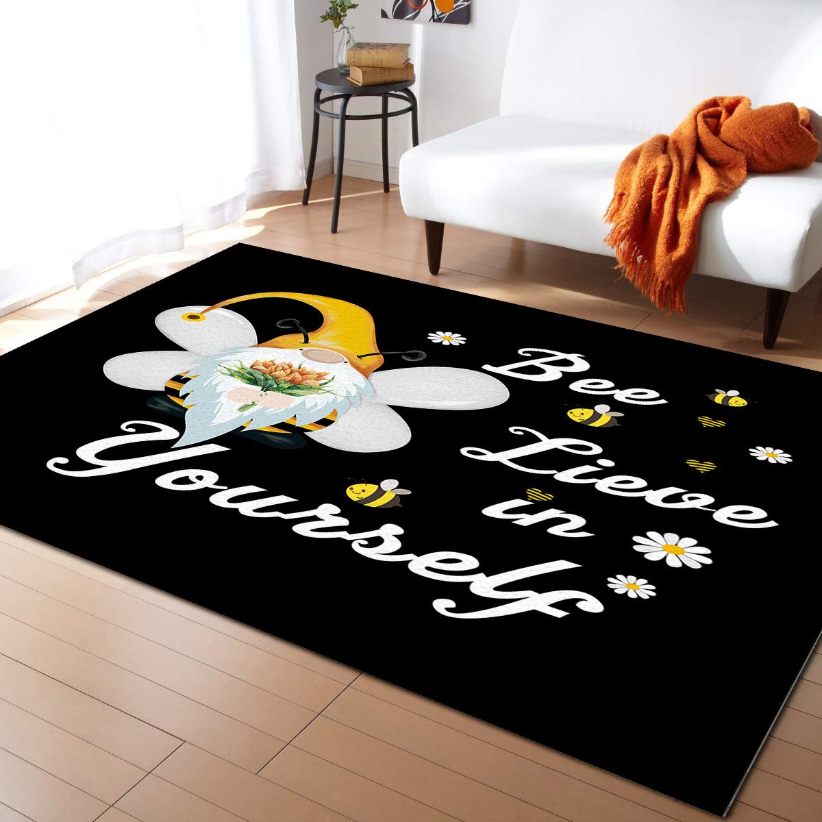 5'x8' Orange Stripe Gnomes Bee Non-Slip Area Rug - Vintage Yellow Sunflower Design Washable Carpet for Living Room, Bedroom, Kitchen, Front Porch & Bathroom Runner - Perfect for Home Decor, Floor Protection and Cozy Accent