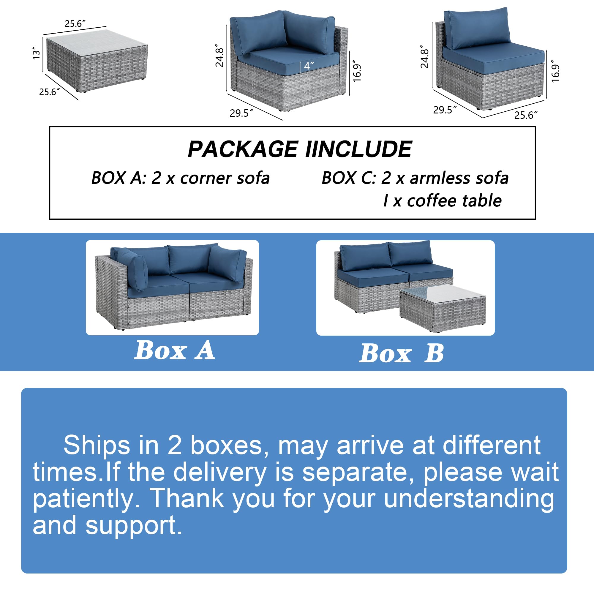 Shintenchi 5-Piece Outdoor Patio Sectional Sofa Set with Washable Cushions & Glass Coffee Table - PE Wicker Furniture in Aegean Blue for Garden, Poolside, Backyard | Perfect for Outdoor Entertaining, Relaxation & Lounging