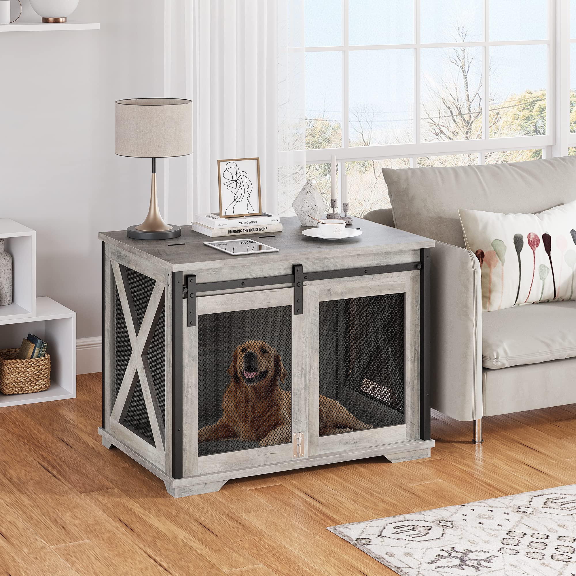GARVEE 37 Inch Wooden Dog Crate Furniture - Flip Top End Table with Movable Divider, Stylish Large Dog Kennel for Living Room, Bedroom & Office
