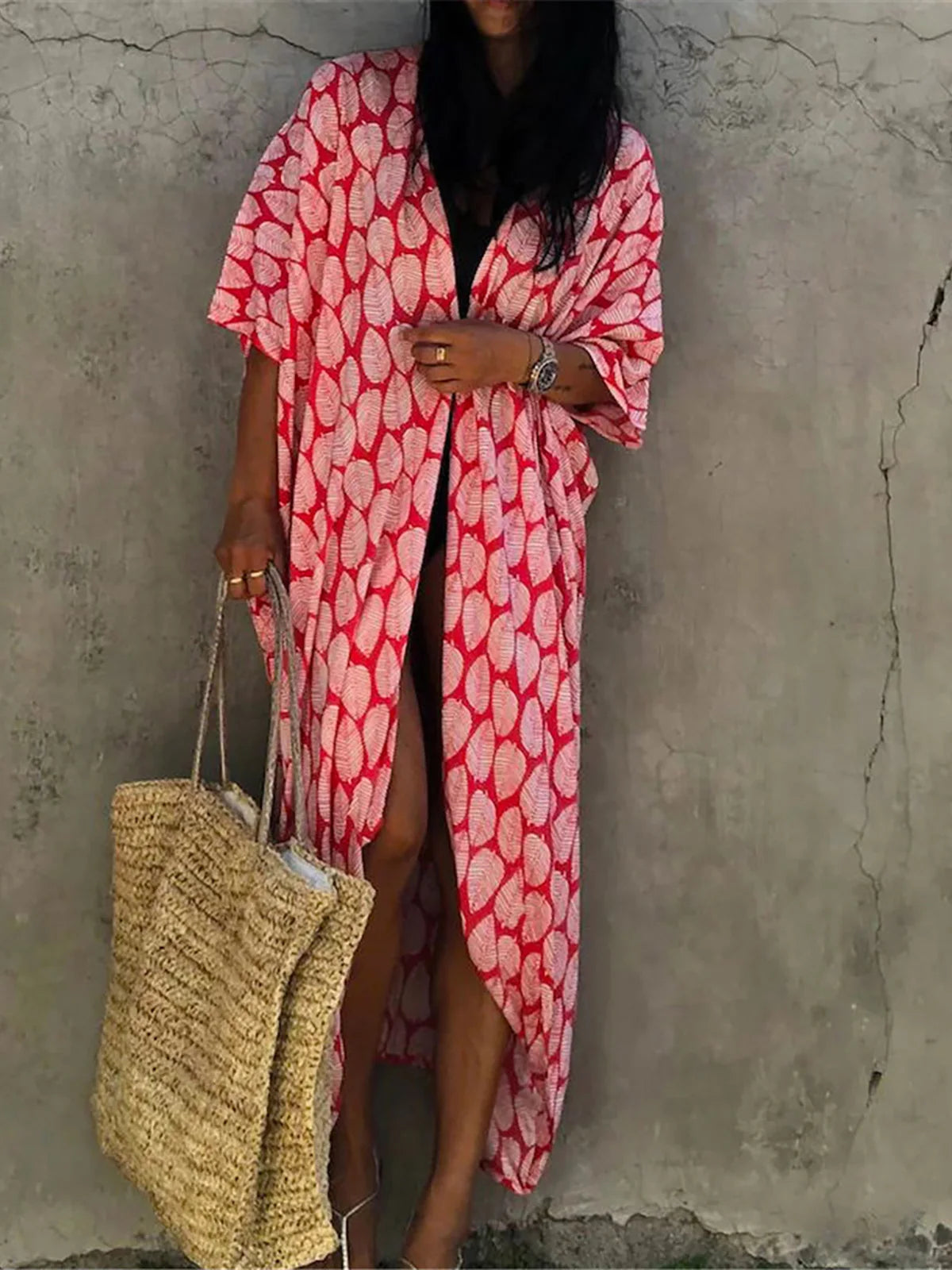 7 Colors Leaf Print Belted Half Sleeve Tunic Beach Cover Up Dress for Women - Perfect for Poolside, Vacation & Summer Outfits (Style V4511)