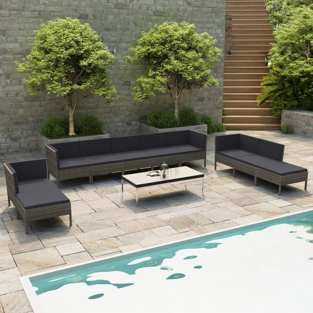 vidaXL 10-Piece Gray Poly Rattan Patio Lounge Set with Cushions - Durable Outdoor Furniture for Garden, Deck & Backyard - Perfect for Relaxing, Entertaining & Sunbathing