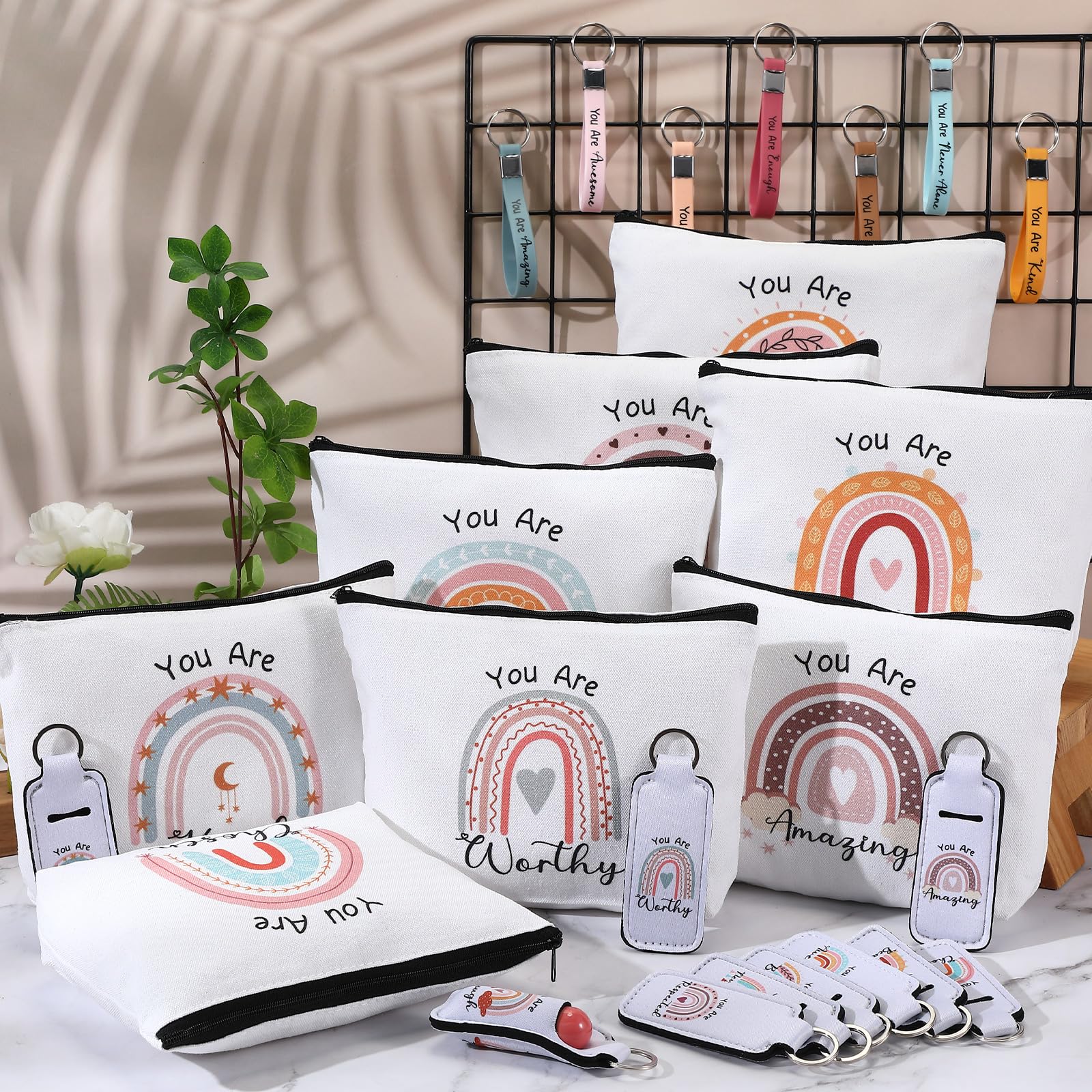 60 Pcs Rainbow Makeup Bags Set with Motivational Quotes - Waterproof Cosmetic Organizer & Silicone Keychain - Perfect Gift for Women, Teachers, Graduation, Birthday - Great for Travel, School, and Daily Makeup Storage