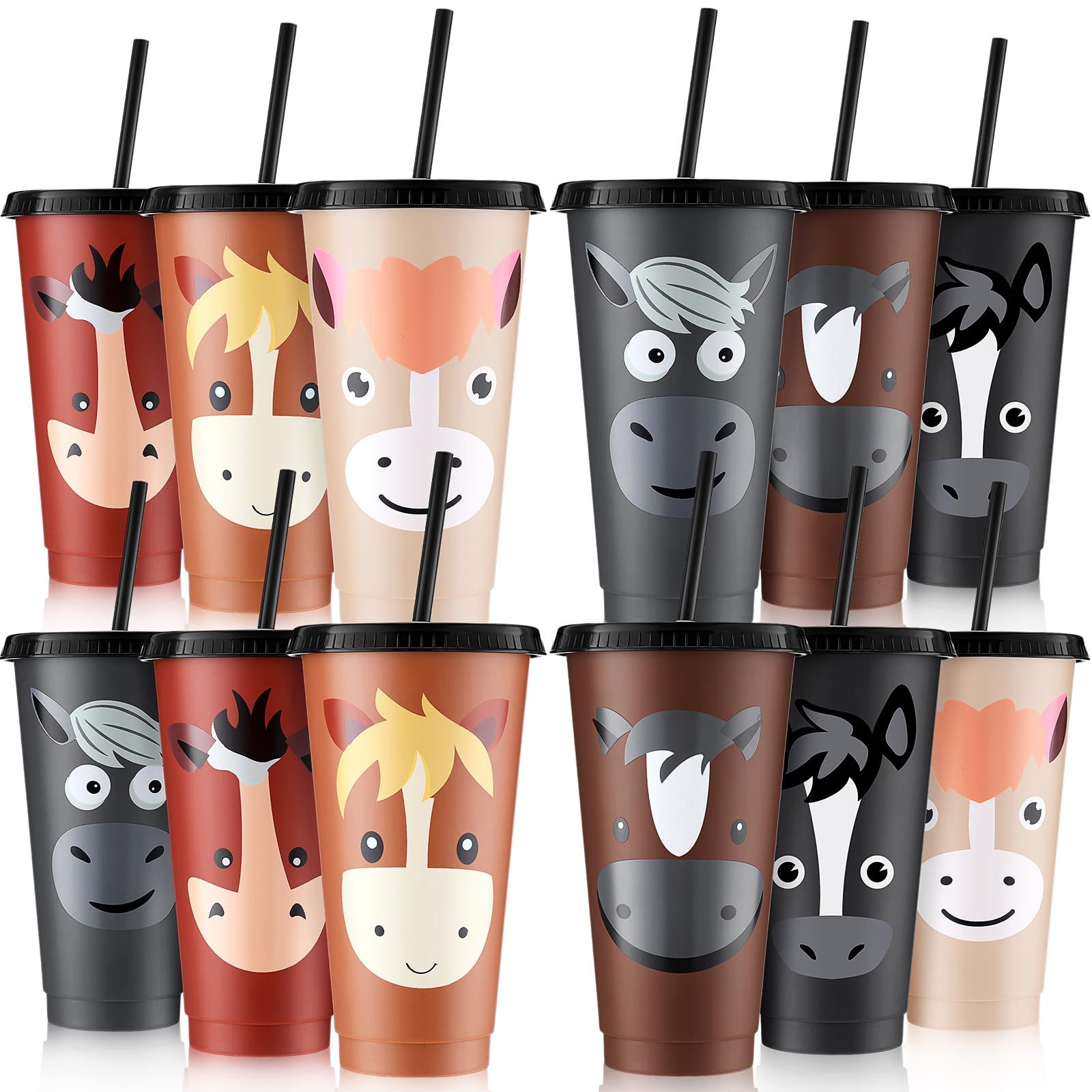 Mifoci 12-Pack 24oz Reusable Plastic Horse Cups with Lid & Straw - Bulk Horse Party Favors, Birthday Party Themed Gifts for Kids & Adults - Perfect for Birthday Parties, Baby Showers & Themed Events