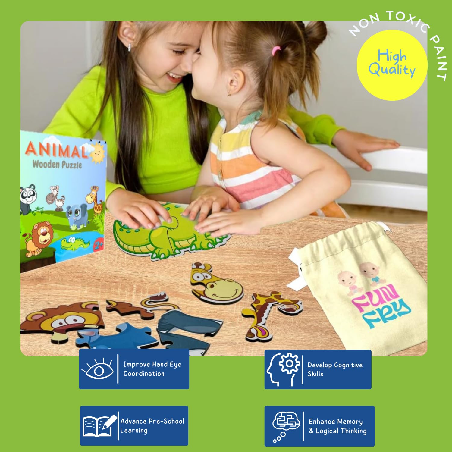 Montessori Wooden Jigsaw Puzzles for Kids Ages 2-5 - Fun Fry Wild Animal Toddler Learning Toys - Educational Puzzle Gift for Boys & Girls Birthday - Perfect for Preschool Classroom & Home Playtime Activities