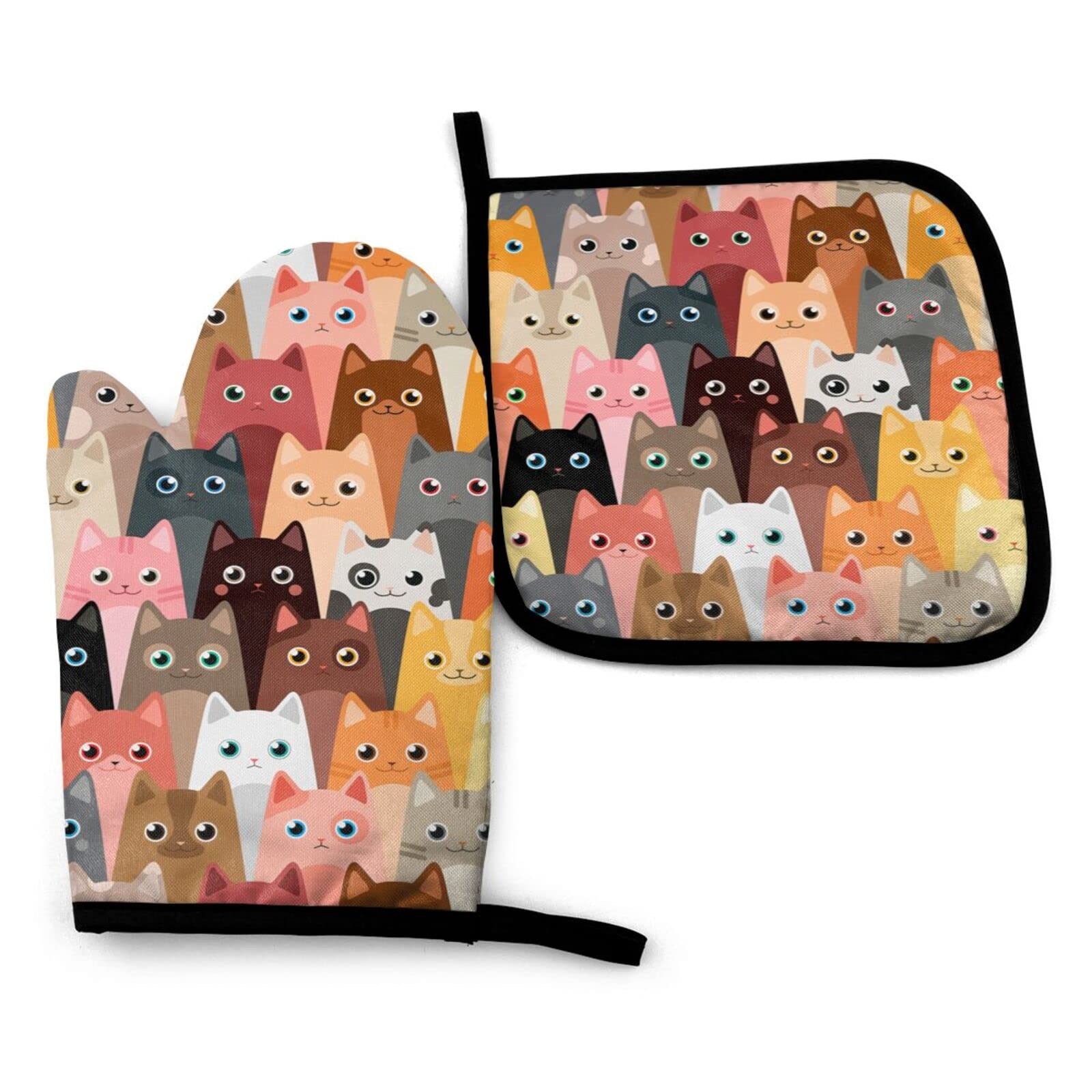 Heat-Resistant Cat Oven Mitts & Pot Holders Set - Insulated Kitchen Gloves & Counter Mats for Microwave, BBQ, Baking, Grilling - Safe & Stylish 2-Piece Kitchen Accessories for Cooking Enthusiasts - Perfect for Holiday Baking, Camping Cookouts & Home Kitchen Safety