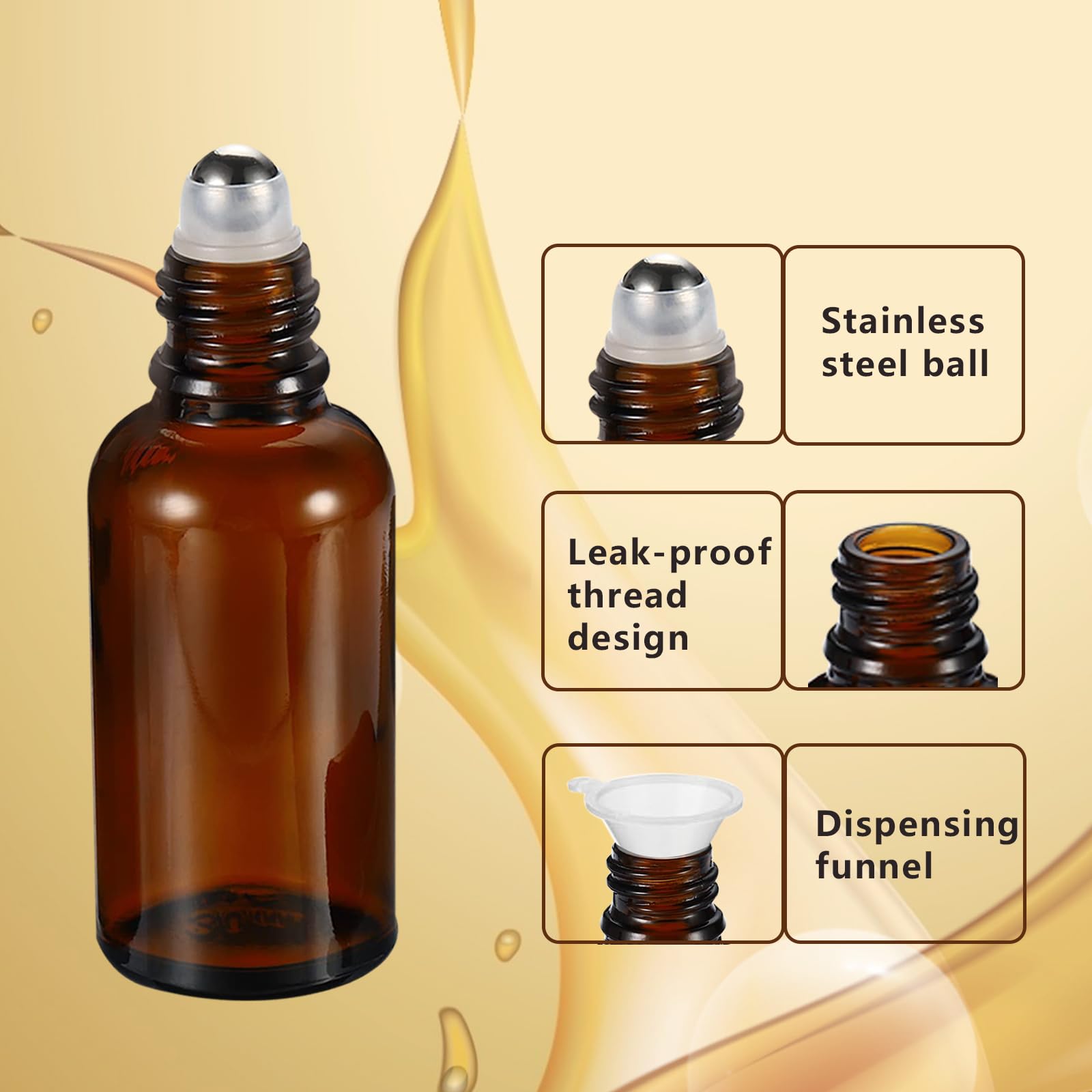 50ML Essential Oil Roller Bottles 3 Pack - Amber Glass Roll On Bottles with Stainless Steel Balls for Perfume, Aromatherapy & DIY Blends - Includes Opener, Funnel & Dropper - Perfect for Travel, Home Use & Gift Giving
