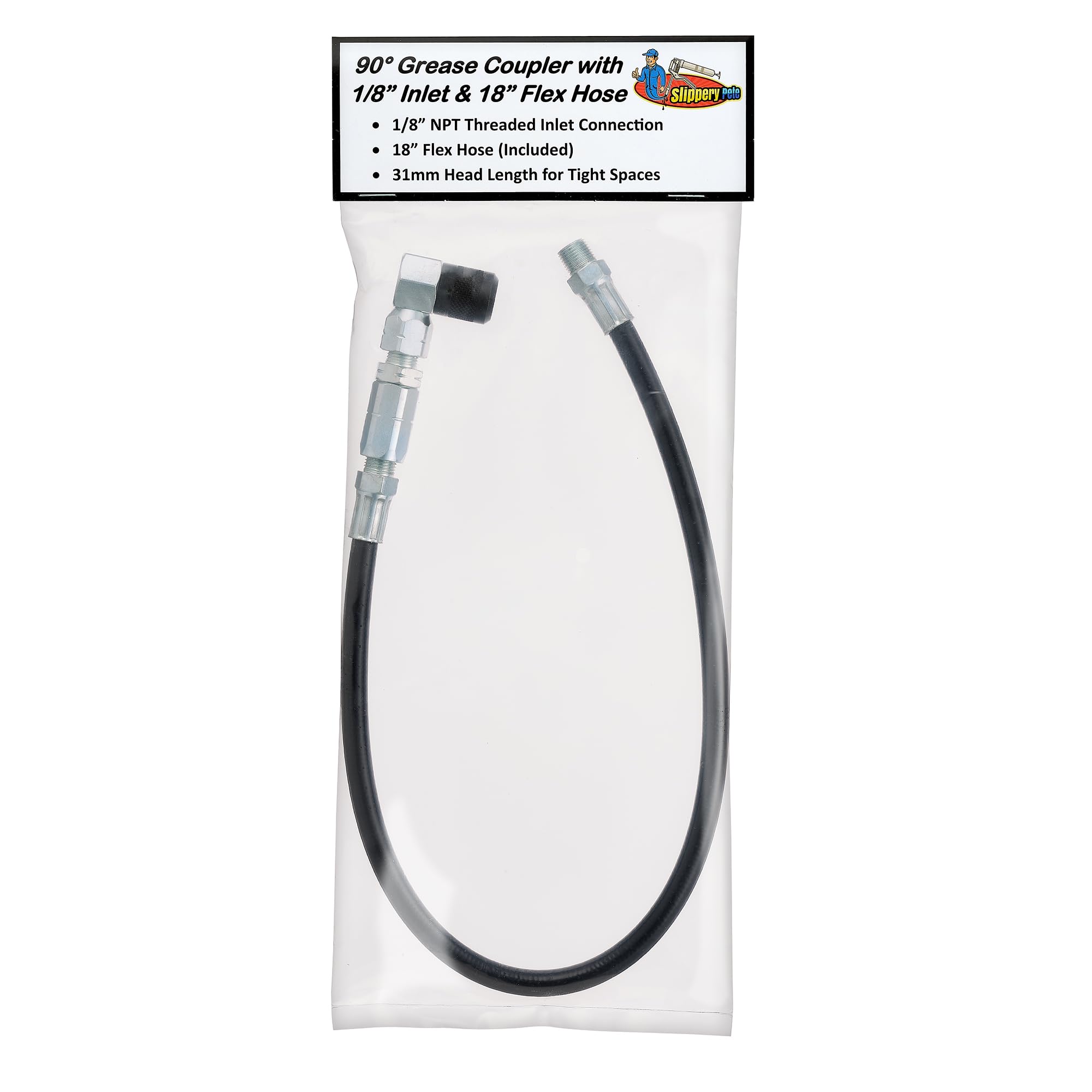 90 Degree Grease Gun Coupler - 18 Inch Flexible Hose with Threaded Connection & Swivel Head | Compatible with Grease Gun Fittings | 31mm Length for DIY, Garage & Auto Mechanics | Perfect for Lubricating Hard-to-Reach Bearings, Joints & Machinery Parts