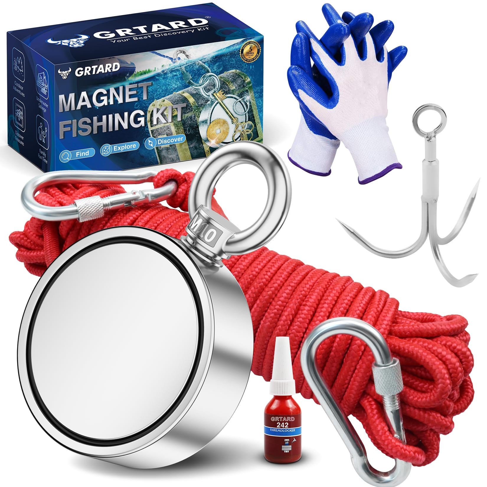 1000LBS(453KG) Strong Neodymium Fishing Magnet Kit - Double Sided Magnet with 20m(65ft) Durable Rope & Protective Gloves - Perfect for Underwater Treasure Hunting, Metal Detecting & Outdoor Adventures