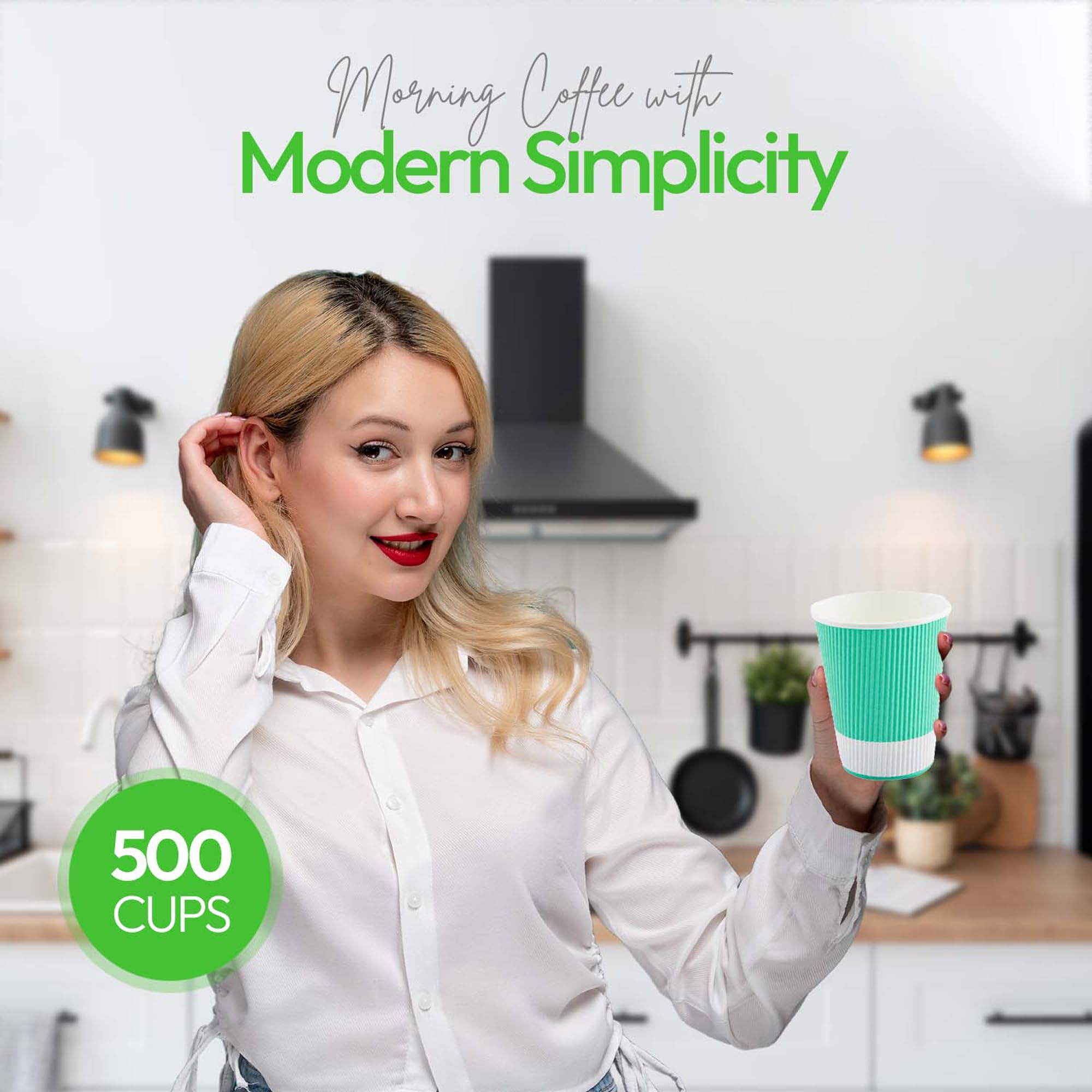 12oz Disposable Coffee Cups - 500 Pack Insulated Paper Hot Cups with Rolled Rim, Light Green Ripple Wall Design - Perfect for Coffee, Tea, Hot Chocolate - Ideal for Restaurants, Cafes, Offices & Events (Lids Sold Separately)