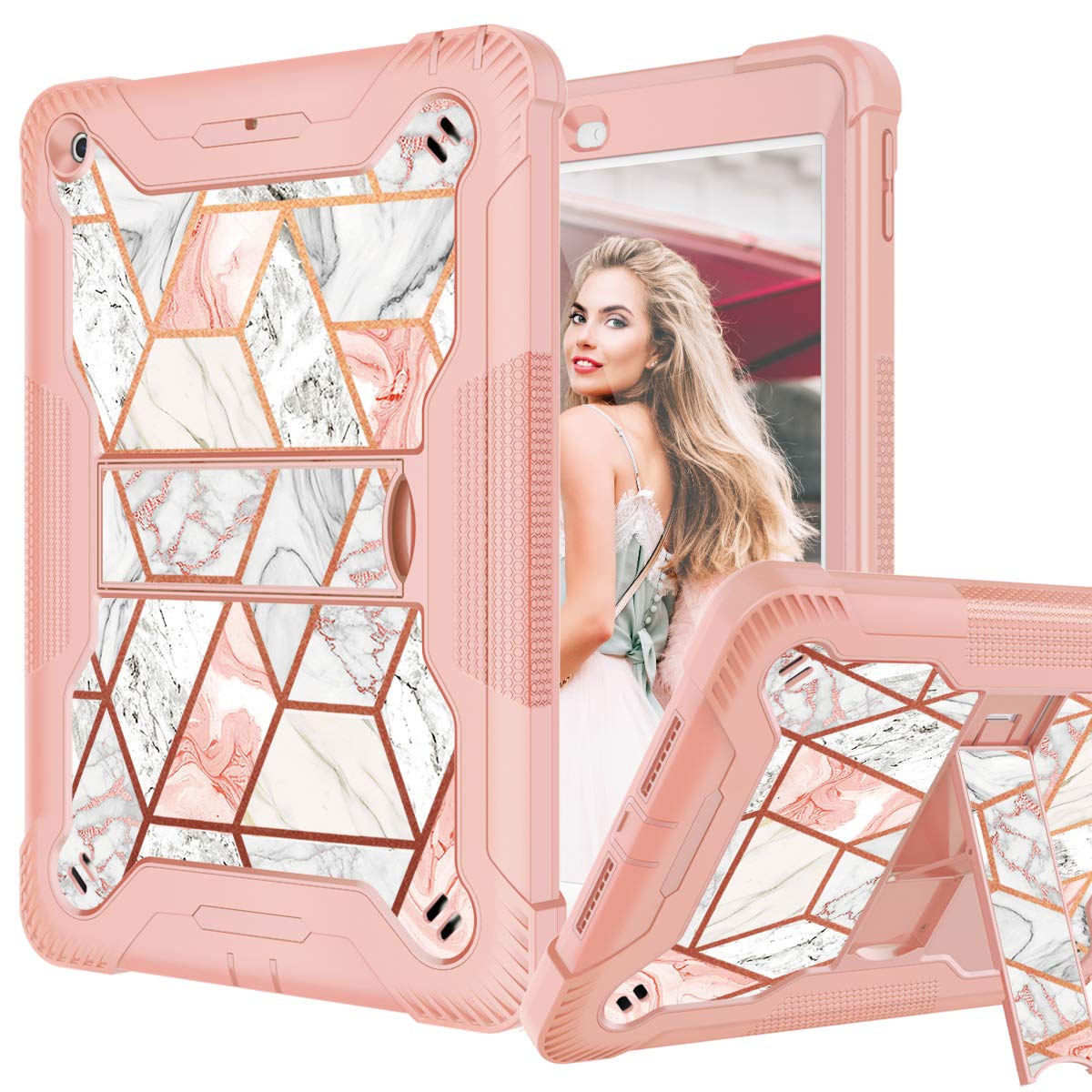 Fingic Marble Rose Gold Glitter iPad 10.2 Case with Kickstand - Shockproof Hybrid Hard PC & Silicone Rugged Bumper Protective Cover for iPad 9th/8th/7th Generation - Perfect for Work, School & Travel