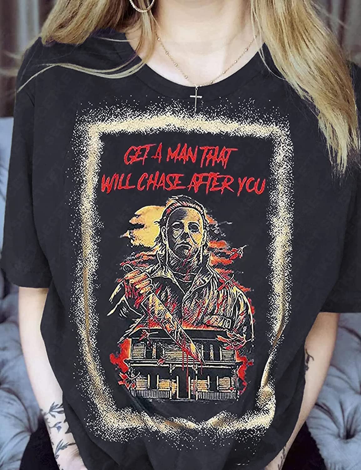 Horror Movies Bleached T-Shirt for Women - Funny Letter Print Halloween Party Shirt - Michael Myers Novelty Graphic Tee - Perfect for Halloween Costumes, Horror Movie Nights & Cosplay Events