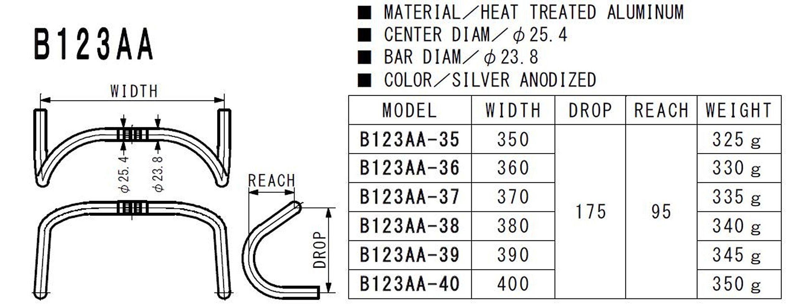 Nitto Drop Handle B123AA-37, 10.0 Inches (25.4 cm) Diameter, 14.6 Inches (370 cm) Length, Silver Bike Handlebar - Perfect for Road Bikes, Mountain Bikes & Commuting
