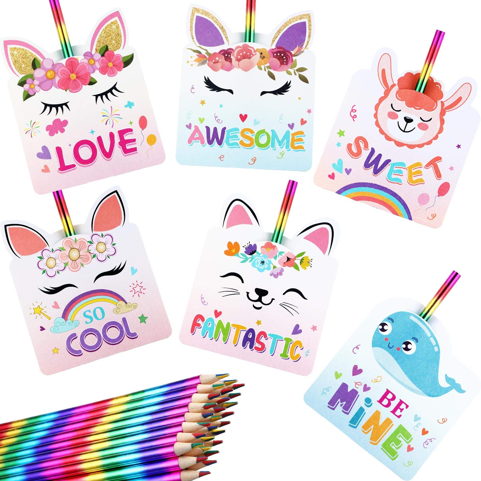 Zonon 30 Sets Valentine's Day Cards with Rainbow Pencils - Unicorn & Cute Animal Greeting Cards for Kids Classroom Exchange, Party Favors - Perfect for Valentine's Day Celebrations & School Events