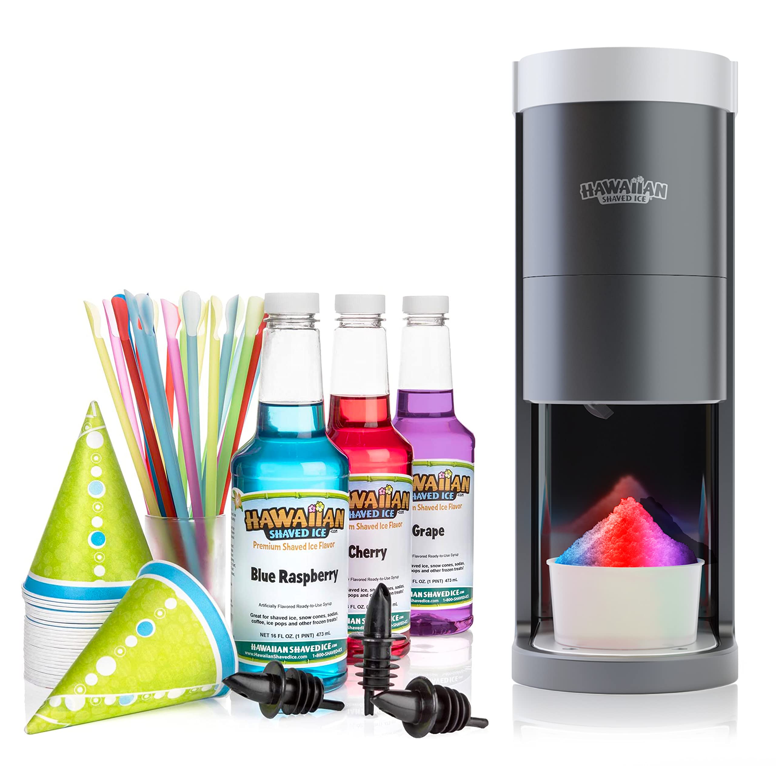 Hawaiian Shaved Ice Machine S777 - HomePro Commercial Ice Shaver with 3 Flavor Snow Cone Syrup Pack & Party Accessories - Perfect for Summer Parties, Kids Events & Frozen Treat Business