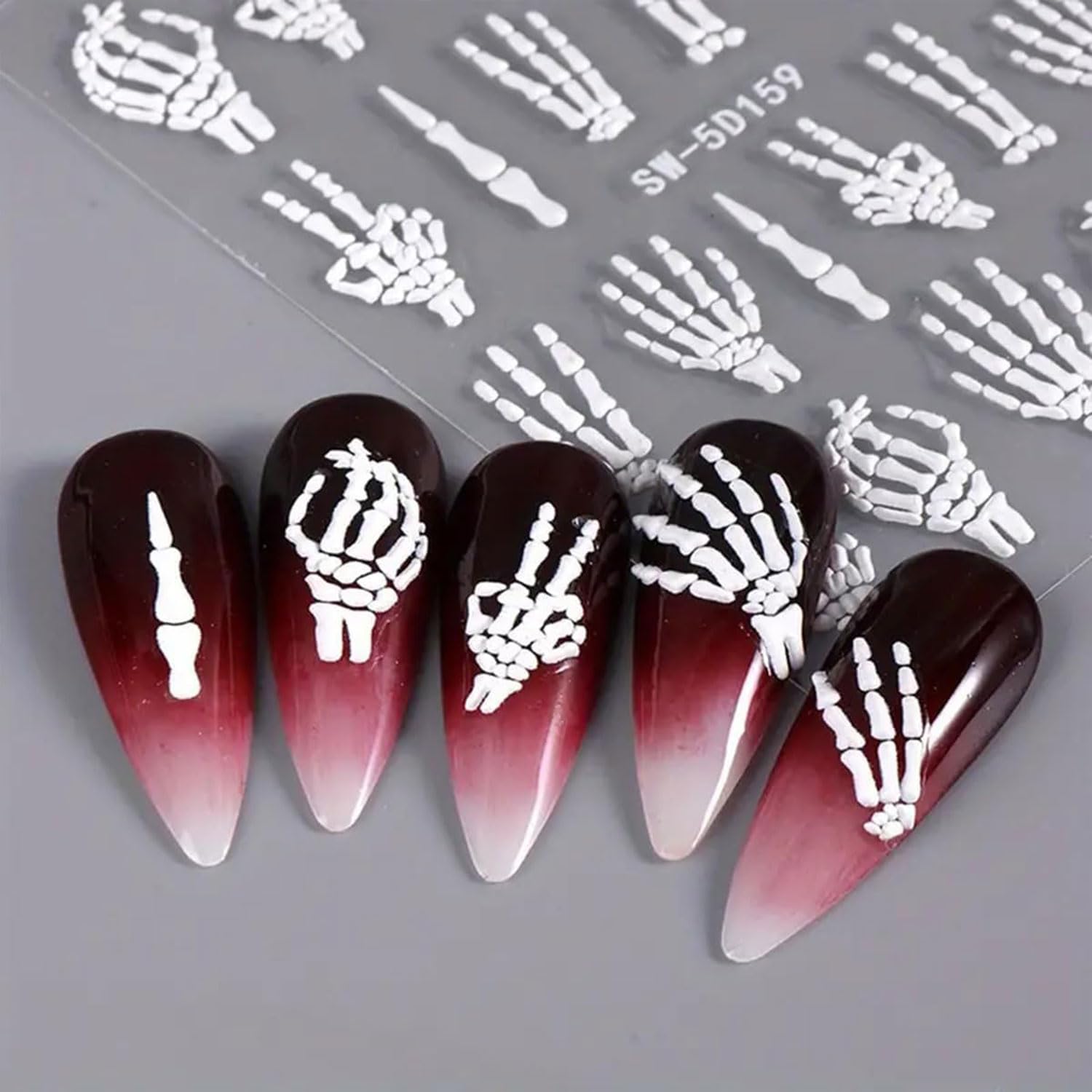 2Pcs Halloween Nail Art Stickers - 5D Embossed Skull & Skeleton Nail Decals with Fantasy Bone Design, White Hand & Finger Bones Nail Stickers for Women - Perfect for Halloween Parties, Costume Nail Art & Spooky Nail Designs