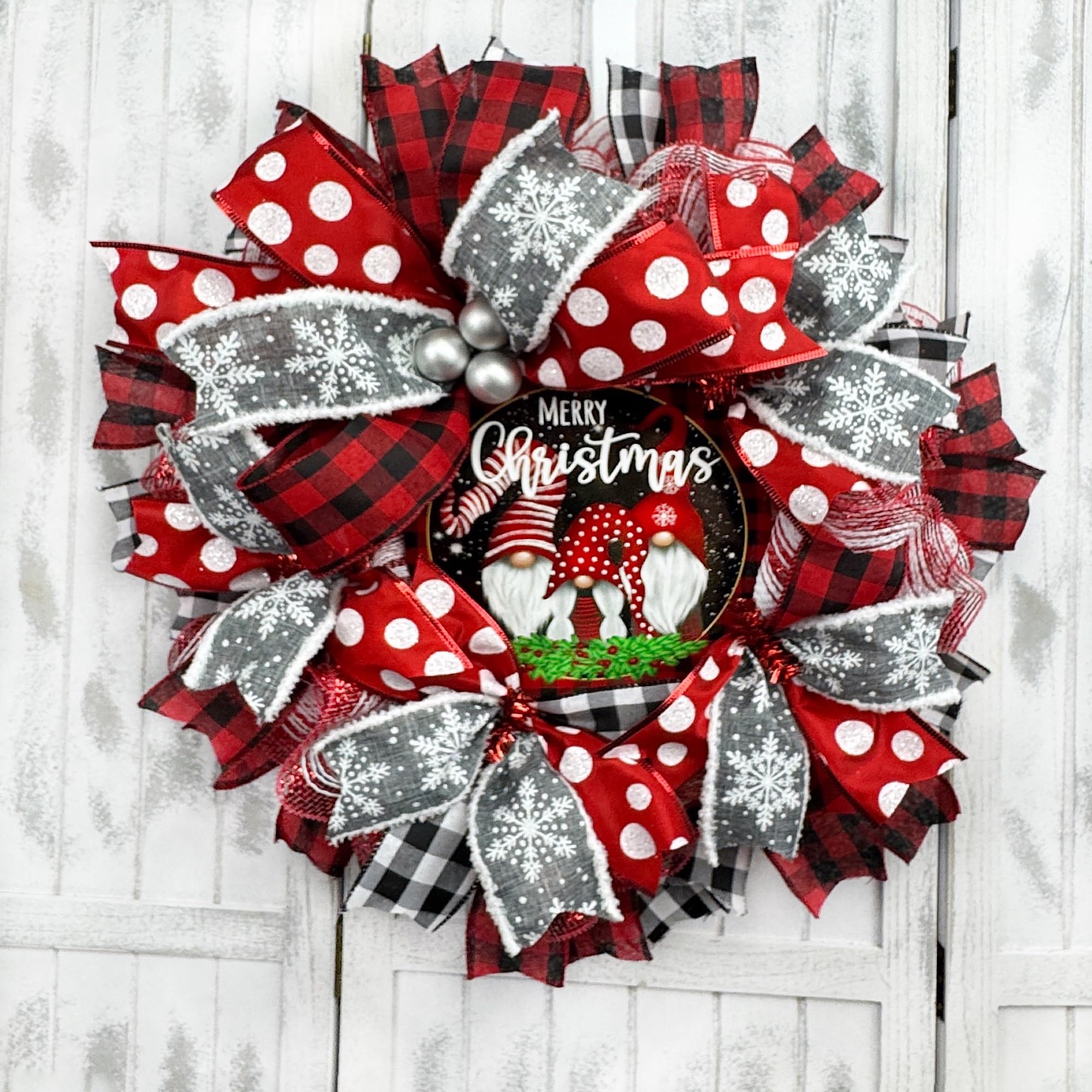 Handmade Buffalo Plaid Christmas Gnome Wreath with Ribbon - Festive Front Door Decor for Holiday Season, Perfect for Home, Office & Gift Giving
