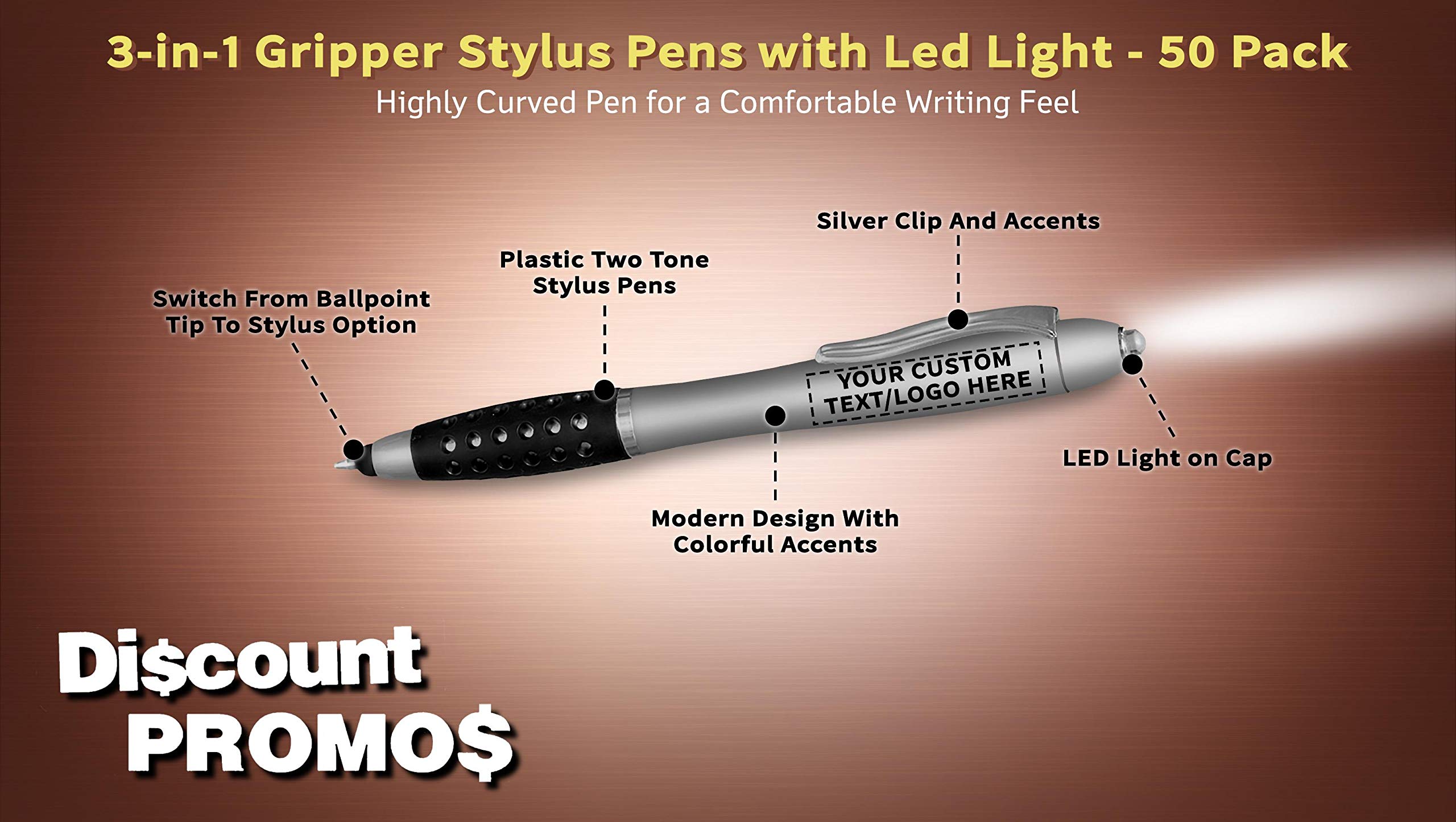 Customizable Silver Stylus Pens with White LED Light - 50 Pack Bulk Order - Personalized Gripper for Tablets, Smartphones - Perfect for Business Promotions, Trade Shows & Digital Artists