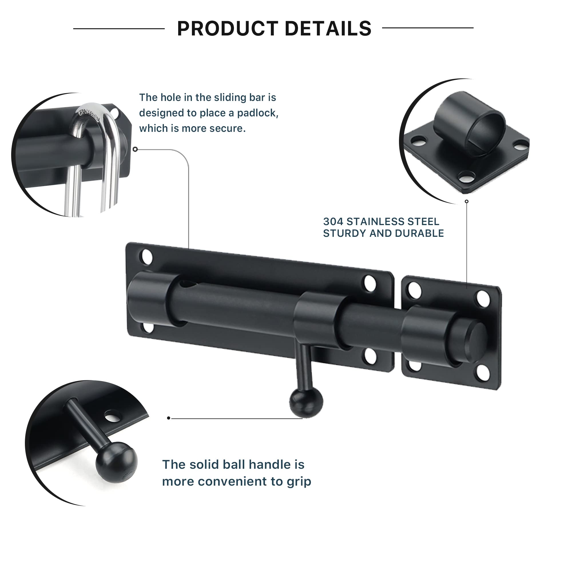 SAYAYO EMS9000-B Black Stainless Steel Door Bolt Lock - 180mm Heavy Duty Gate Latch for Security Gates, Windows & Fences | Weatherproof & Rust-Resistant for Outdoor Use