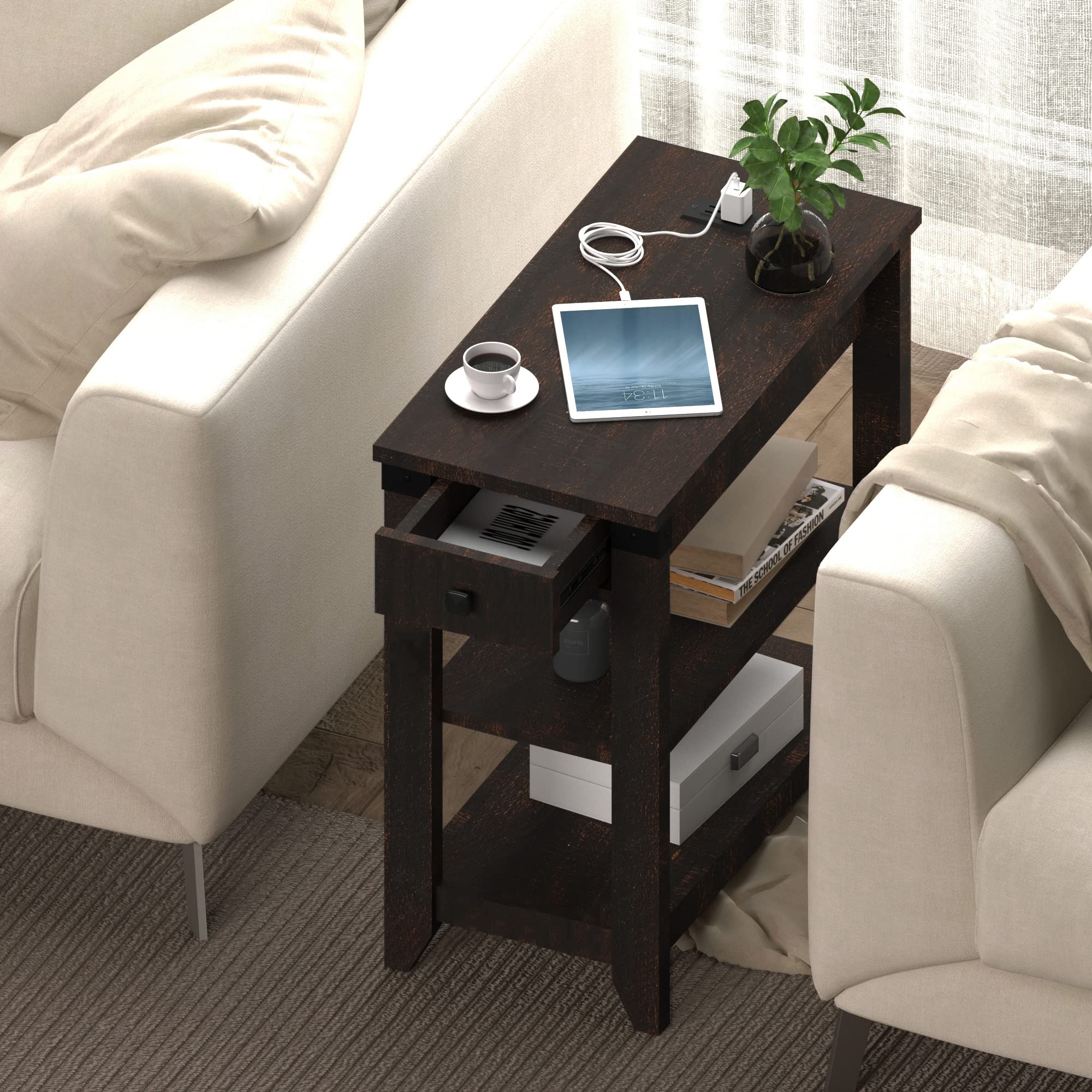 Farmhouse Narrow End Table with USB Charging Station & Outlets - Small Space Sofa Side Table with Storage Drawer in Espresso Finish - Perfect for Living Room, Bedroom & Apartment Decor