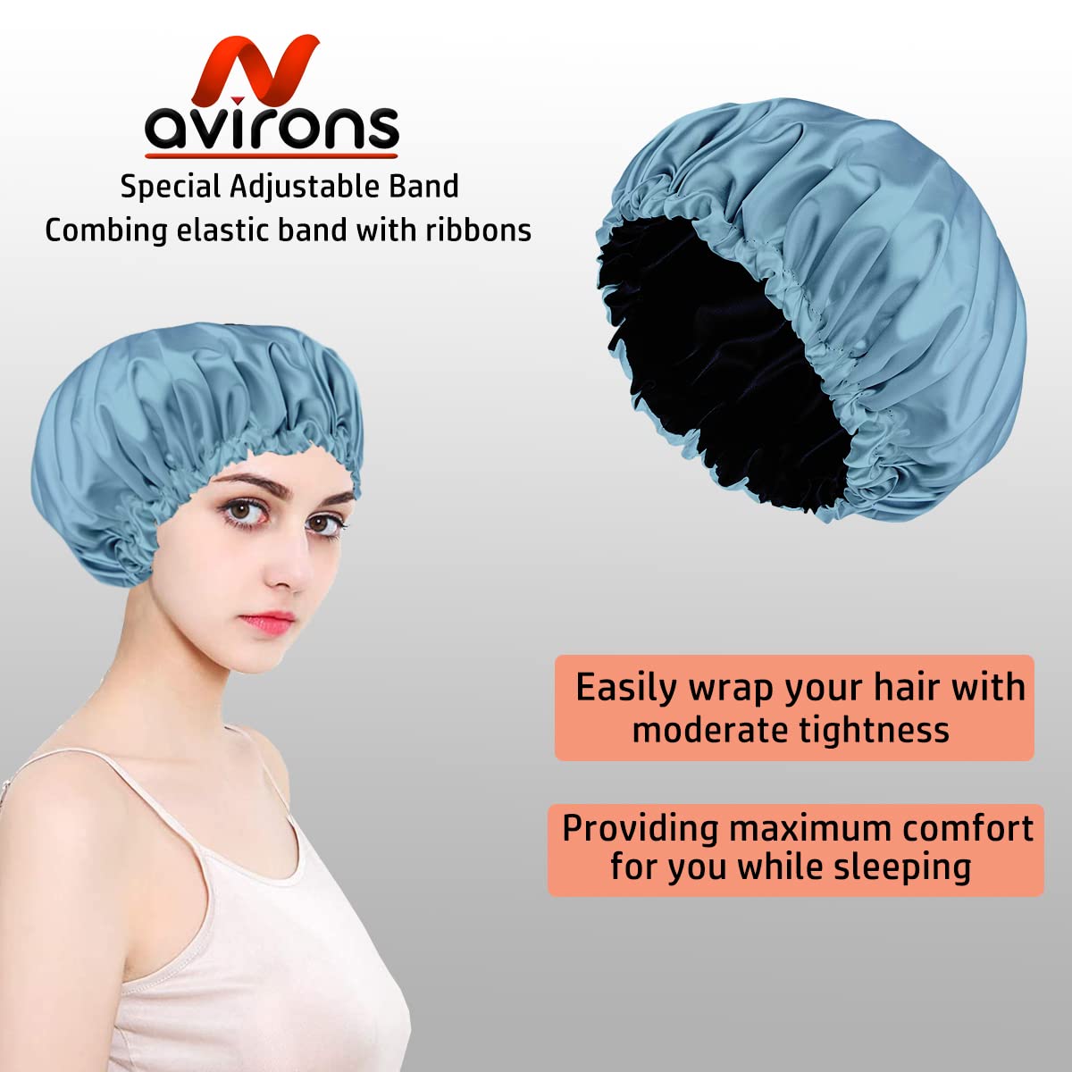 Avirons Reversible Pure Satin Hair Bonnet for Sleeping - Adjustable Silk Sleep Cap with Free 3 Scrunchies | Women's Protective Night Hairstyle Accessory | Perfect for Curly Hair, Natural Hair & Hair Protection While Sleeping