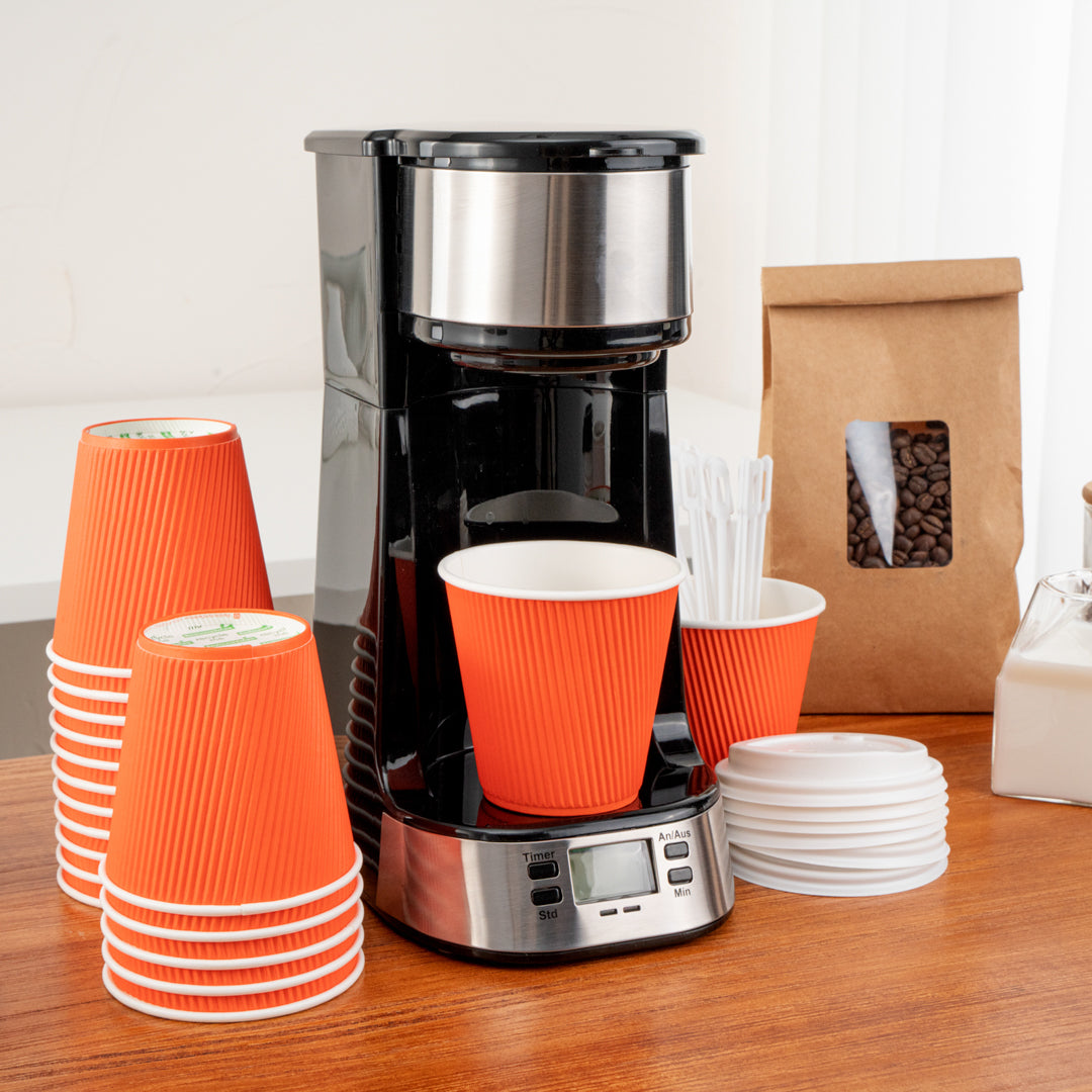 8 oz Tangerine Orange Ripple Wall Paper Coffee Cups with White Lids - 3.5