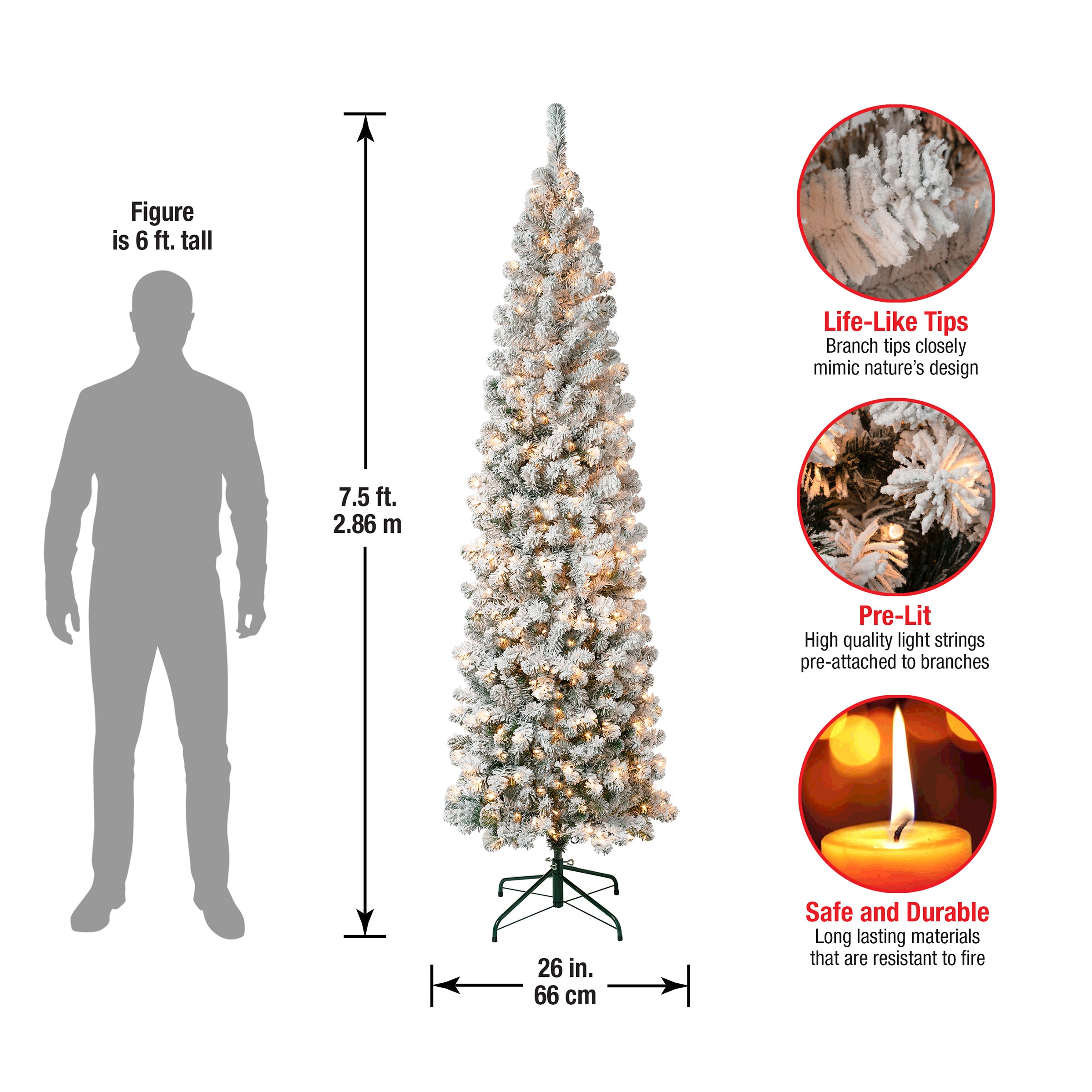 7.5 ft Pre-Lit Acacia Pencil Slim Flocked Artificial Christmas Tree with Clear LED Lights - Perfect for Small Spaces, Apartments & Office Decor