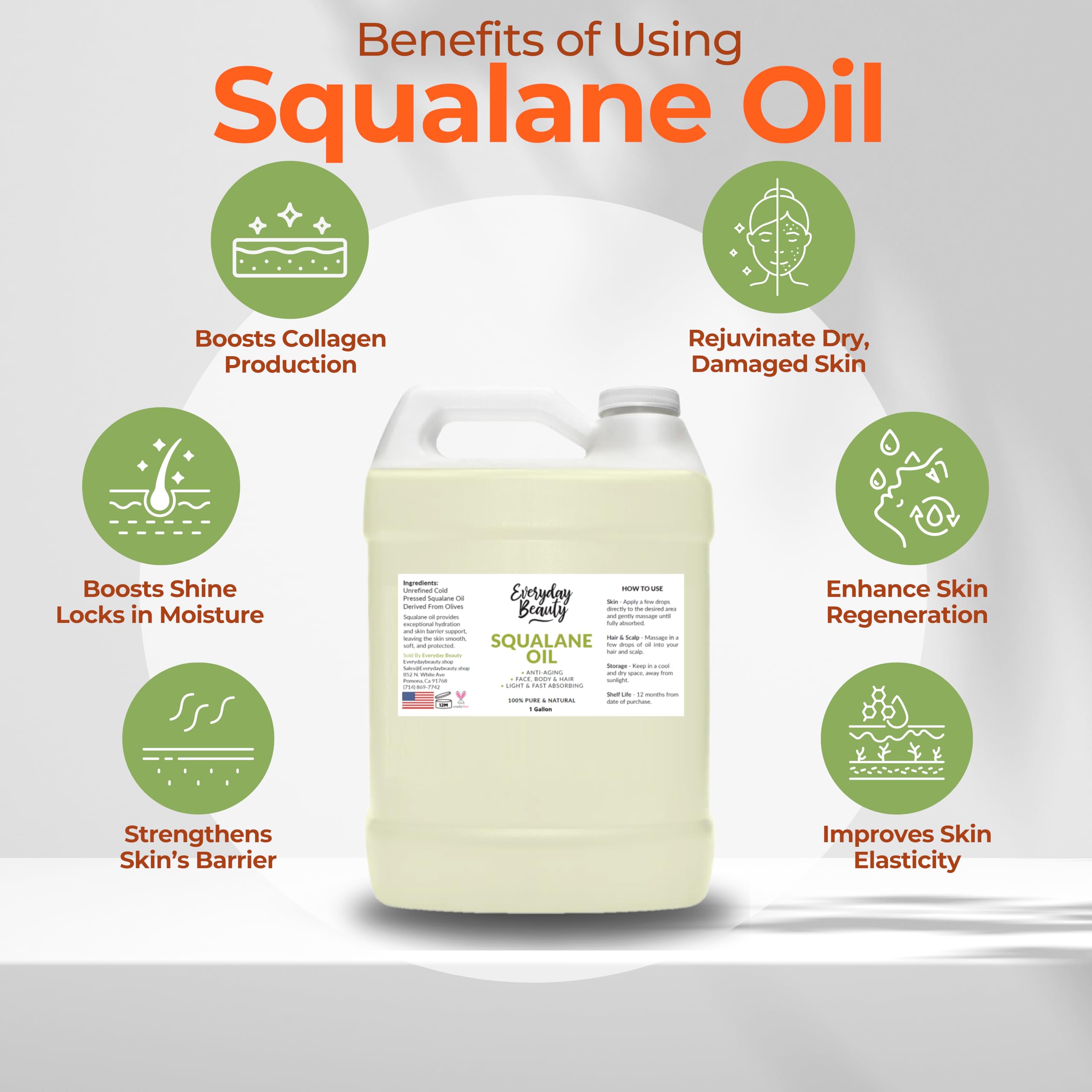 Pure Plant-Derived Squalane Oil - 1 Gallon Bulk Size, 100% Natural, Cold Pressed & Unrefined for Skin & Hair Care - Premium Moisturizing Oil for Face, Body, Scalp & DIY Beauty Products - Hydrates Dry Skin & Strengthens Hair Naturally