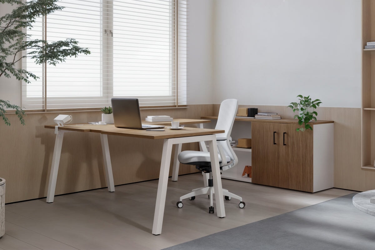L-Shaped Executive Desk with Quadro A Legs in White - 1600L x 1800W with Cable Management Scallop - Perfect for Home Office, Corporate Workspace & Modern Workstations