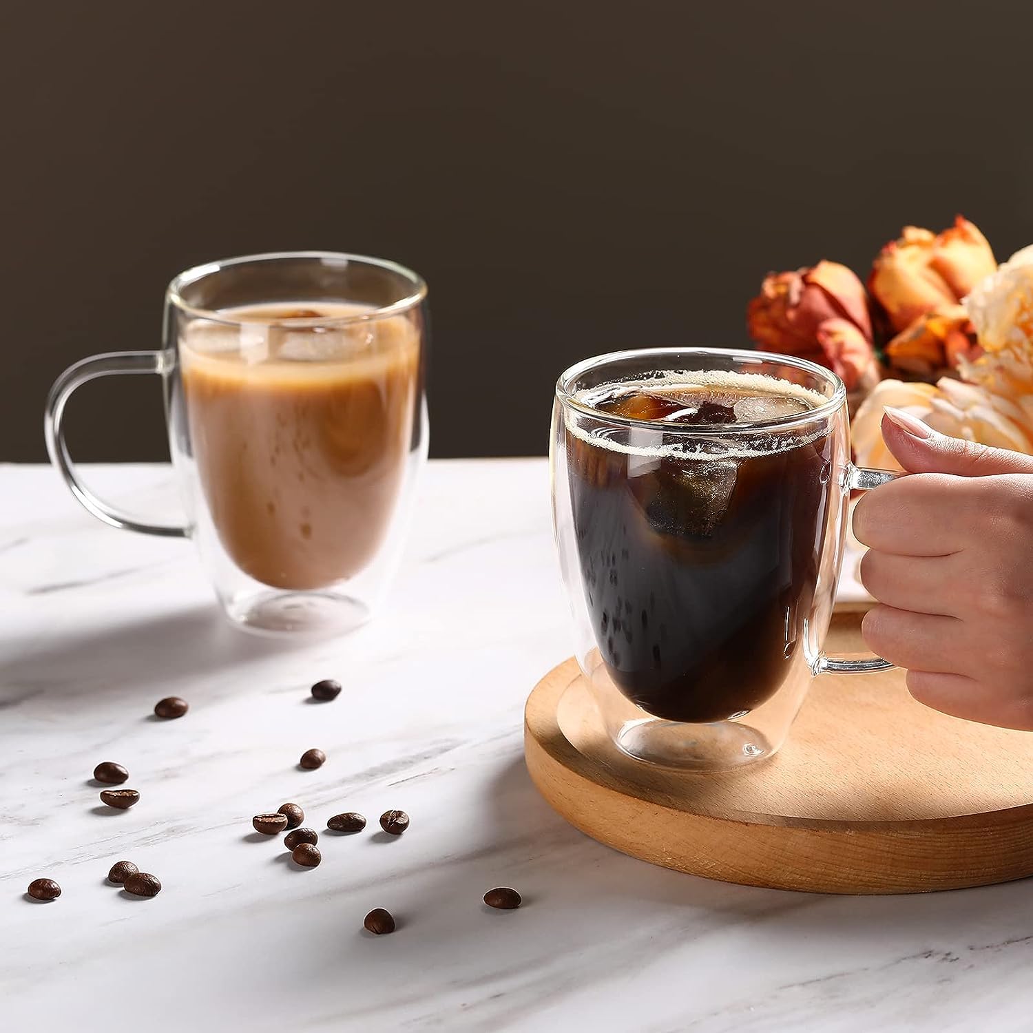 2-Pack 12oz Double Walled Glass Espresso Cups with Handle - Insulated Borosilicate Coffee Mugs for Hot & Cold Drinks - Perfect for Cappuccino, Latte, Tea, Wine - Ideal for Home, Office & Cafe Use